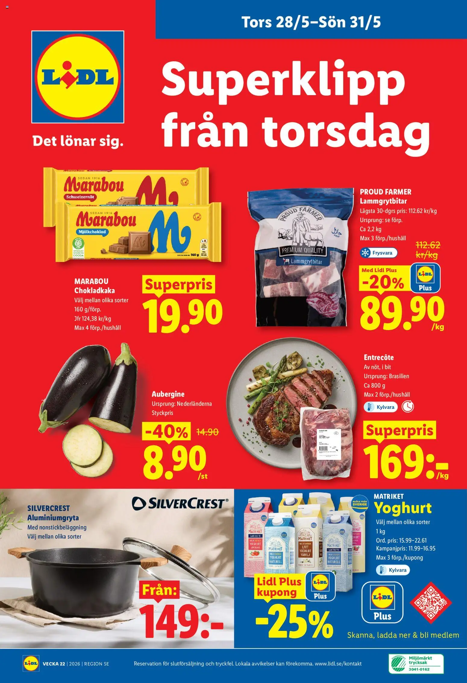 Lidl reklamblad aktuell från 25.05.2026 | Sida: 28 | Produkter: Chokladkaka, Entrecote, Yoghurt, Aubergine