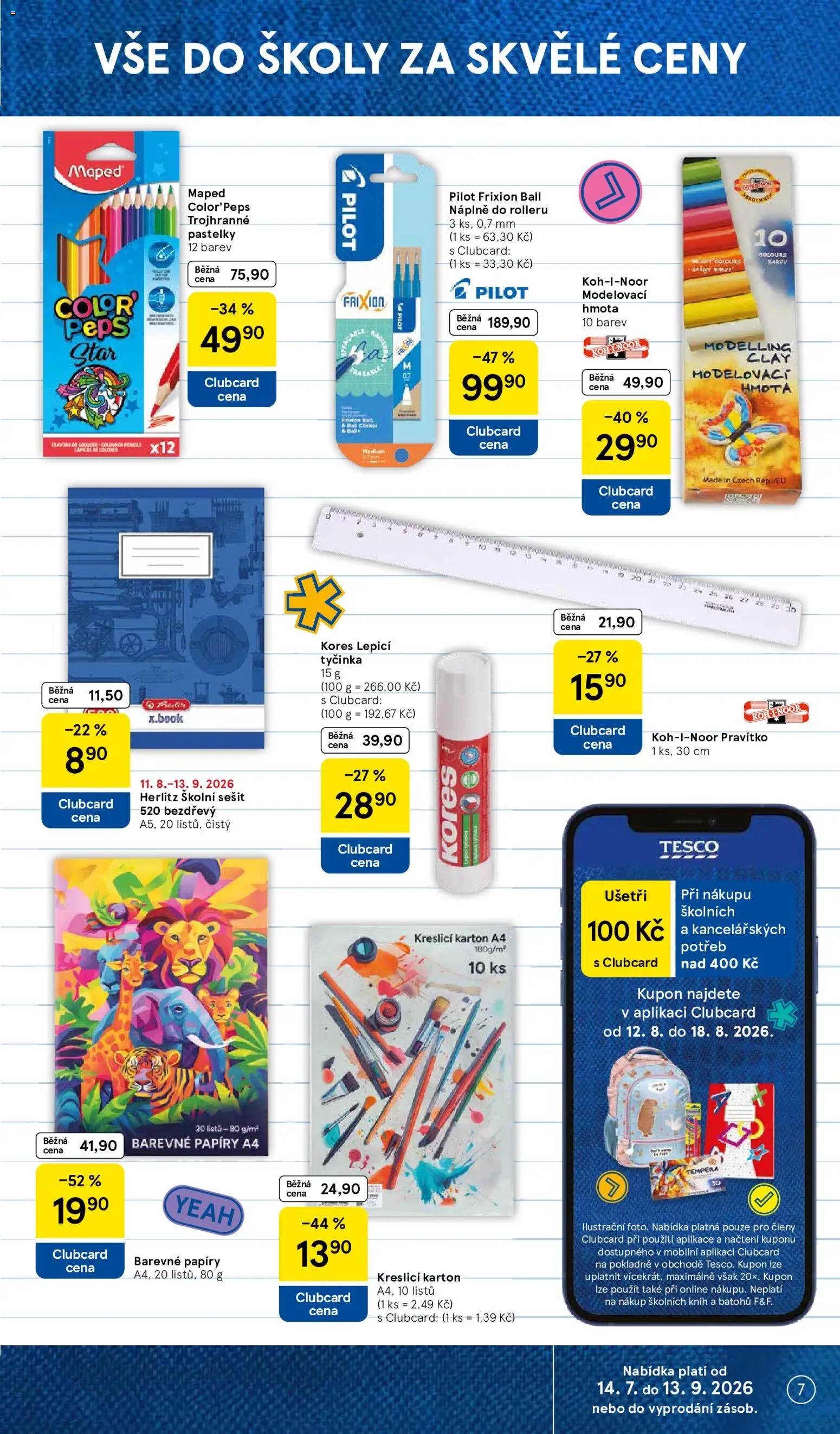 Tesco leták - Supermarket od 12.08.2026 | Strana: 7 | Produkty: Pastelky, Pravítko, Notebook, Sešit