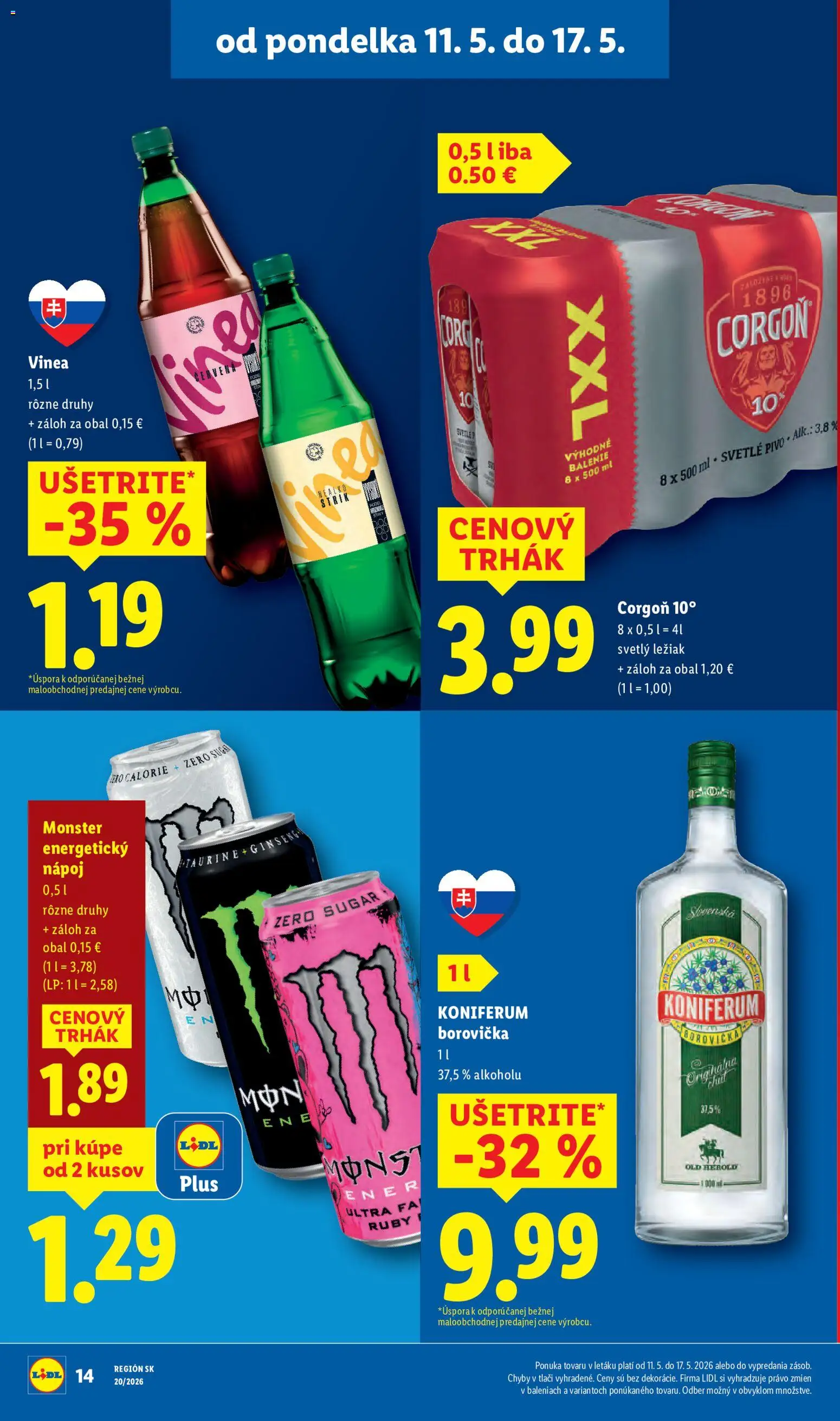 Nové Lidl akcie – leták je platný od 11.05.2026 | Strana: 18 | Produkty: Pivo, Borovička, Corgoň, Vinea