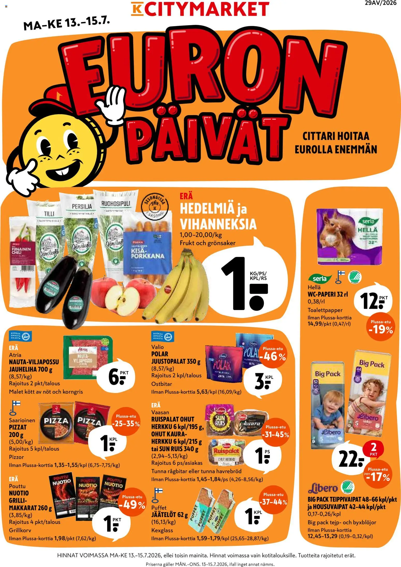 K-Citymarket tarjoukset – voimassa 13/07/2026 alkaen | Sivu: 1 | Tuotteet: Grilli, Kaura, Chili, Pizza