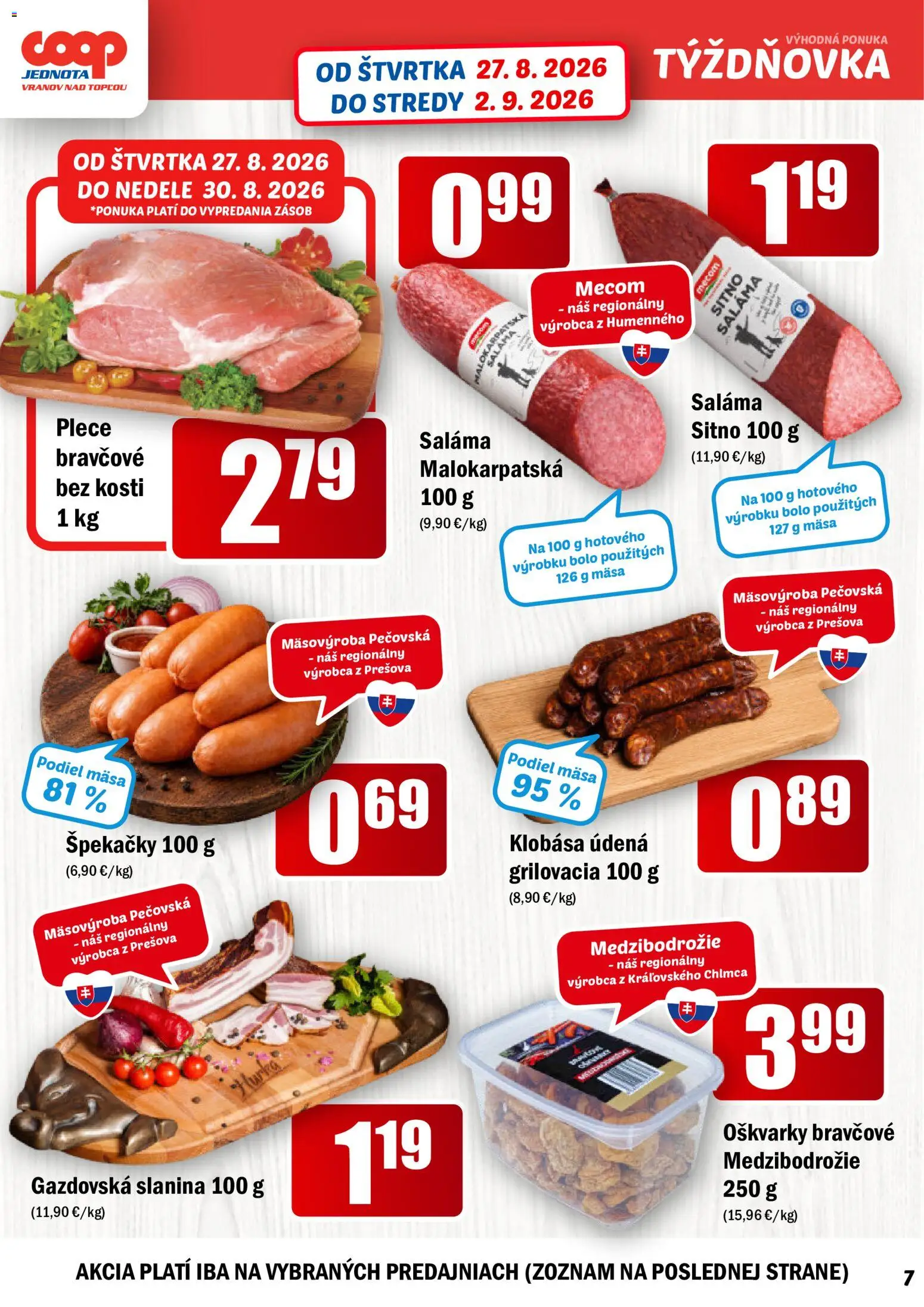 Nové COOP Jednota akcie – leták je platný od 27.08.2026 | Strana: 7 | Produkty: Saláma, Slanina, Klobása