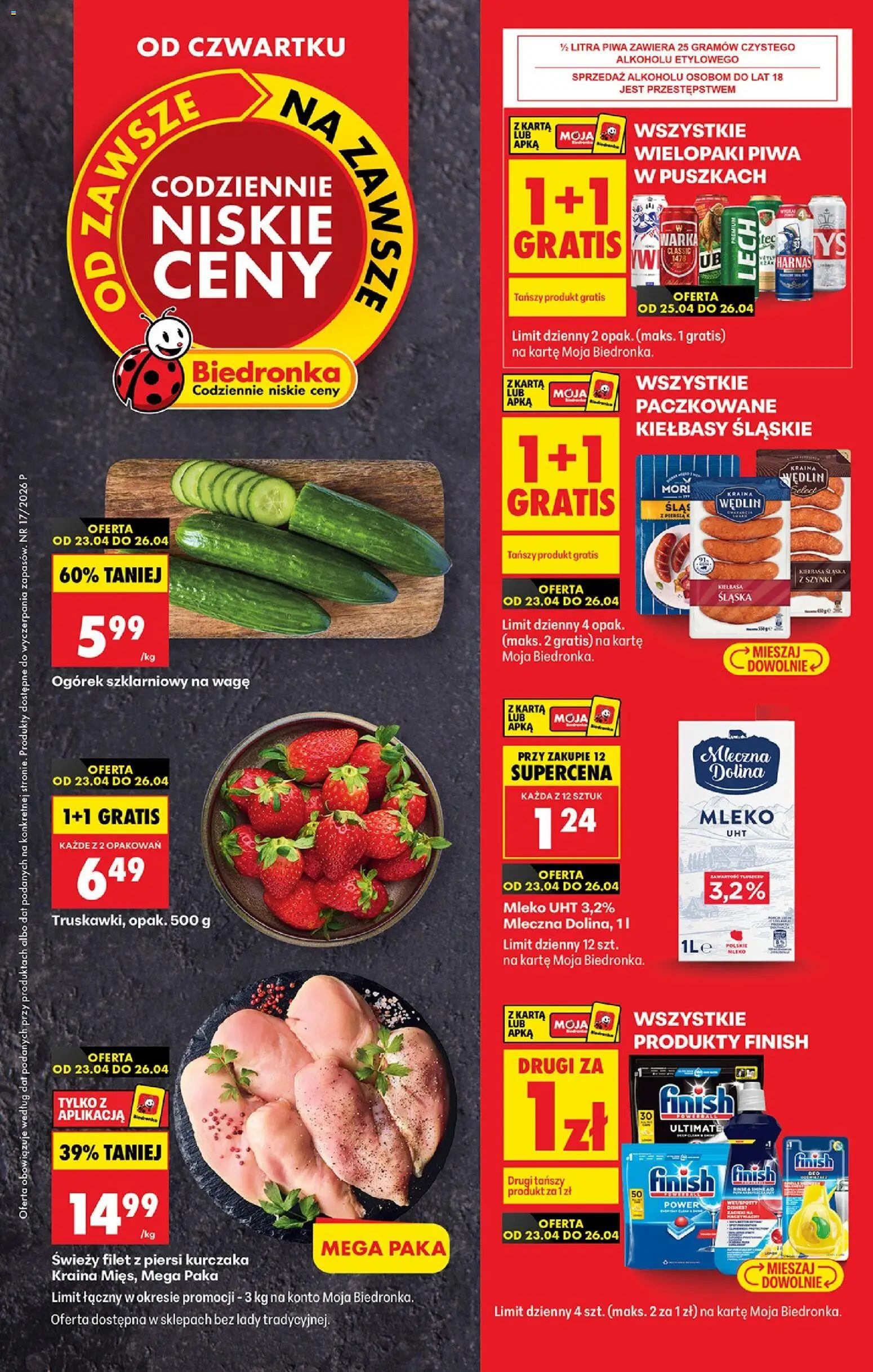 Biedronka gazetka od czwartku od 23.04.2026 | Strona: 1 | Produkty: Kiełbasa, Kraina mięs, Mleko, Ogórek szklarniowy