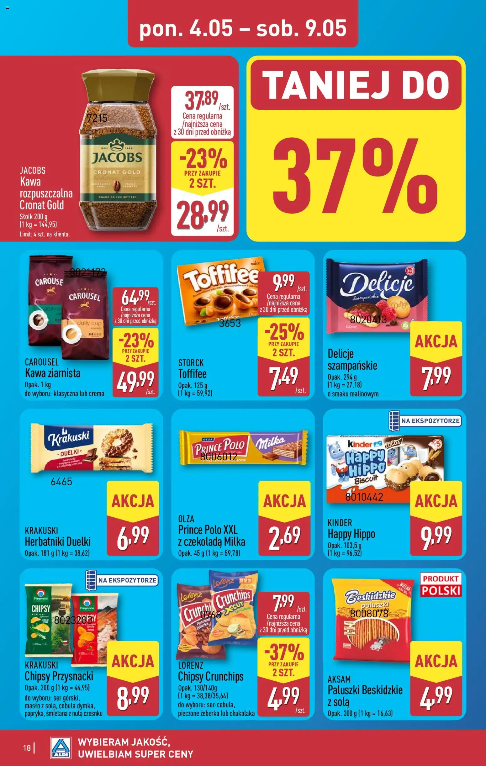 Aldi gazetka od 04.05.2026 | Strona: 18 | Produkty: Paluszki, Masło, Ser, Czekolada
