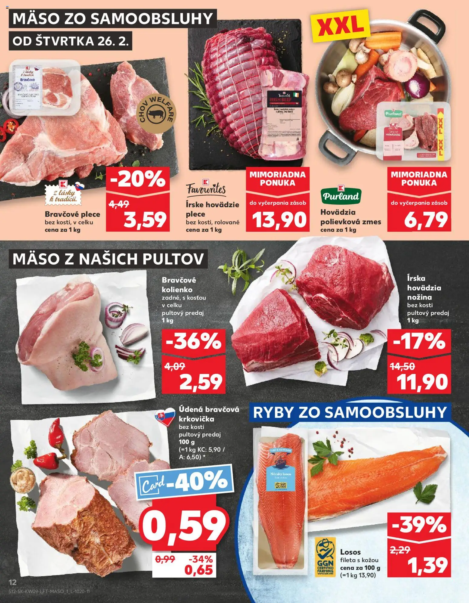 Nové Kaufland akcie – leták je platný od 26.02.2026 | Strana: 12 | Produkty: Ryby, Bravčová krkovička, Mäso, Krkovička