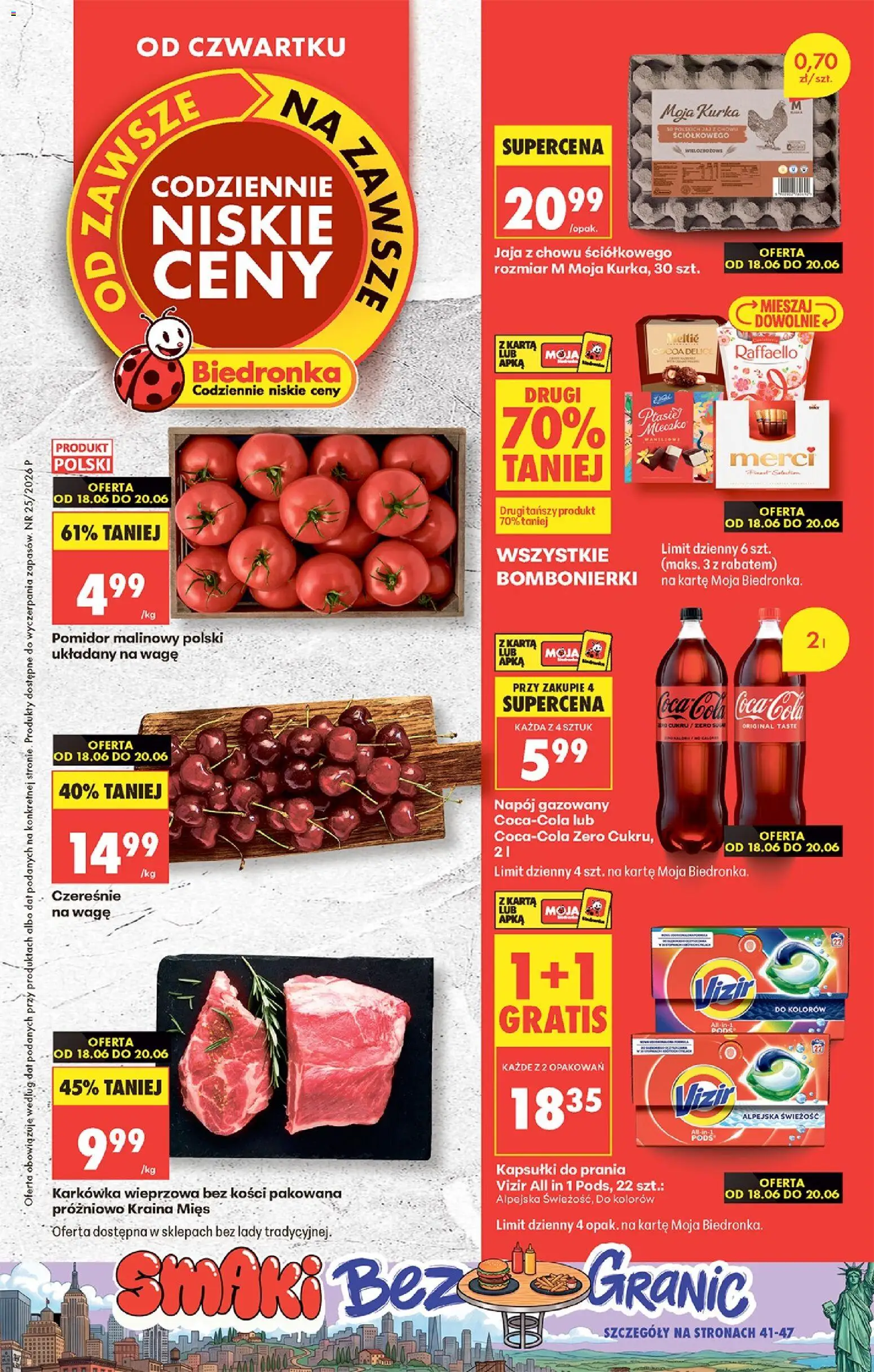Biedronka gazetka od czwartku od 18.06.2026 | Strona: 1 | Produkty: Kapsułki do prania Vizir, Karkówka wieprzowa, Coca cola, Kapsułki do prania
