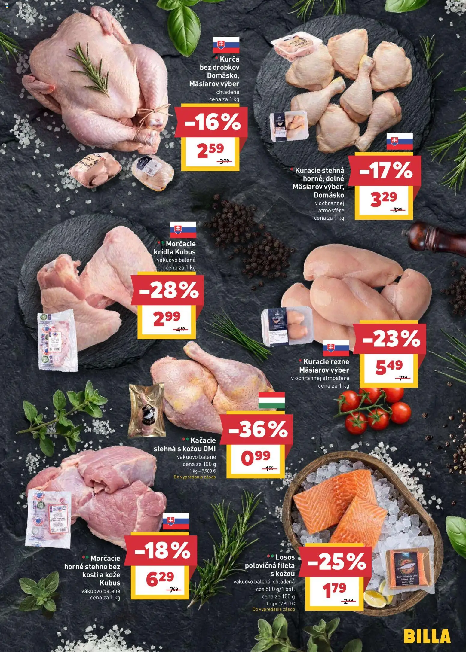 Nové Billa akcie – leták je platný od 27.05.2026 | Strana: 5 | Produkty: Kačacie stehná, Kuracie rezne, Kuracie stehná, Losos