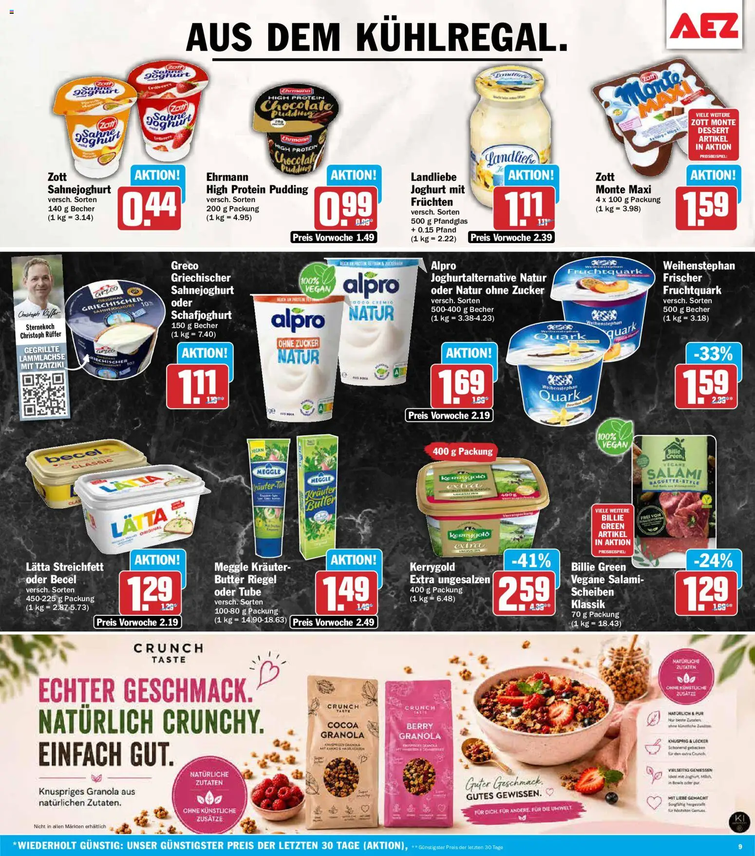 AEZ Prospekt – gültig ab 24.08.2026 | Seite: 9 | Produkte: High protein pudding, Quark, Becel, Salami