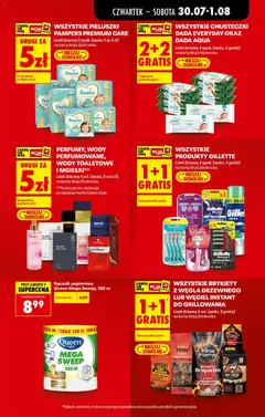 Pogląd oferty "WSZYSTKIE PRODUKTY GILLETTE, Limit dzienny 4 opak. (maks. 2 gratis) na kartę Moja Biedronka." - ważna od 30.07.2026 | Strona: 19 | Produkty: Gillette, Brykiet węgla drzewnego, Pampers, Ręcznik papierowy