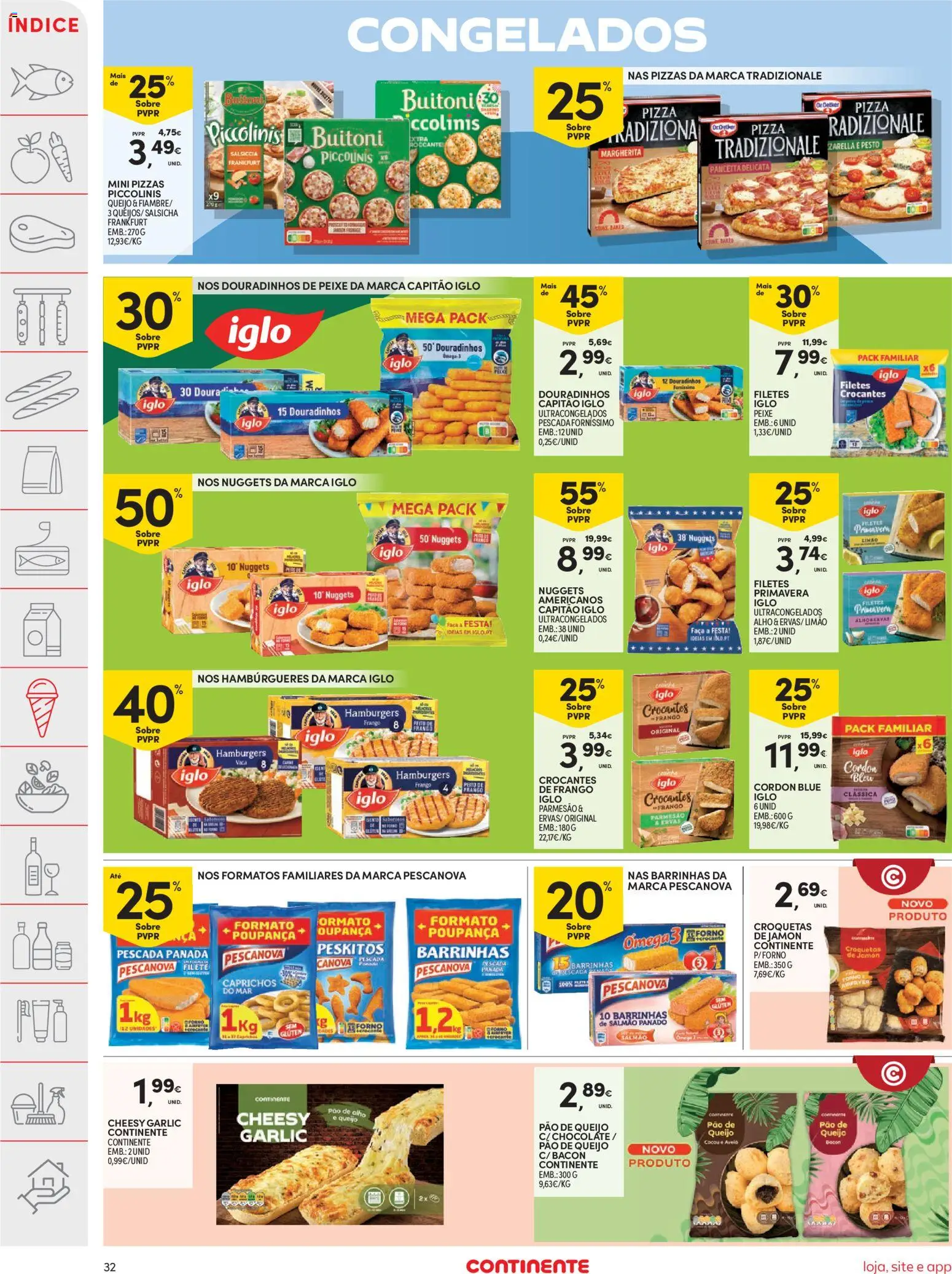 Continente folheto │ válido de 04/08/2026 | Página: 32 | Produtos: Pão de queijo, Capitão iglo, Salsicha, Nuggets