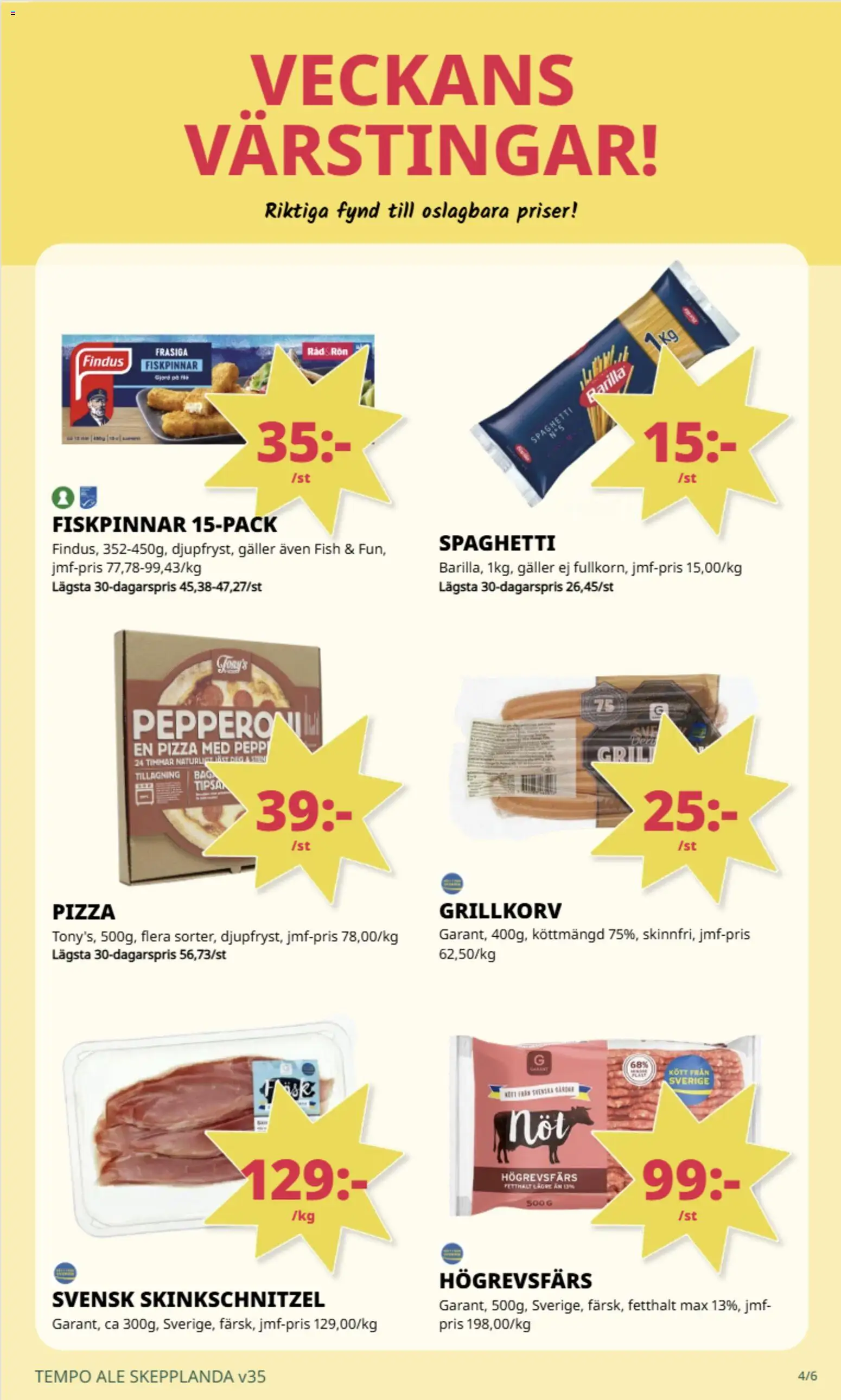 Tempo reklamblad aktuell från 24/08/2026 | Sida: 2 | Produkter: Galler, Fiskpinnar, Grillkorv, Spaghetti
