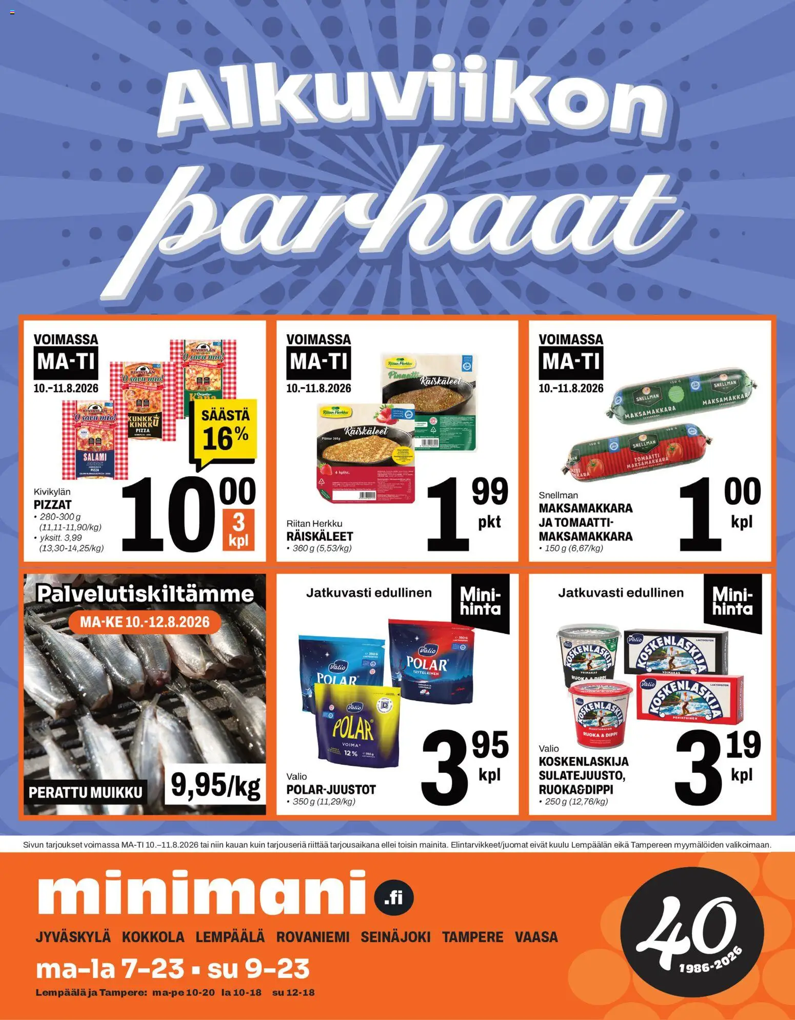 Minimani tarjoukset – voimassa 10/08/2026 alkaen | Sivu: 1 | Tuotteet: Salami, Kinkku, Pizza