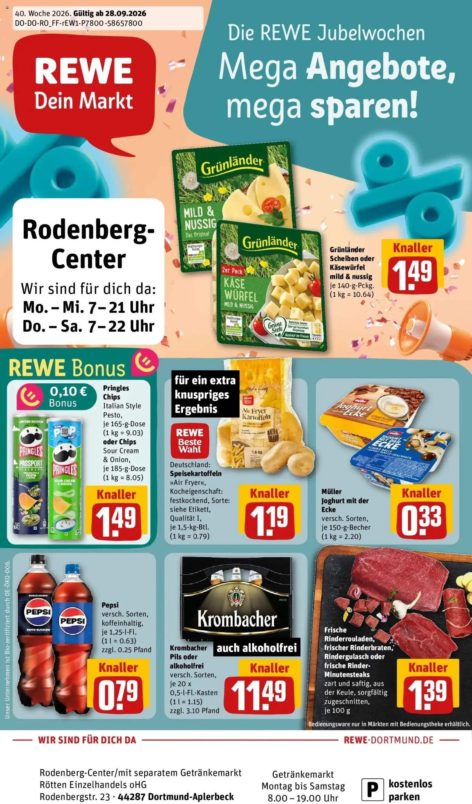 REWE Prospekt ab 28.09.2026 zum Blättern » Angebote | Seite: 5 | Produkte: Rindergulasch, Joghurt, Pils, Grunlander