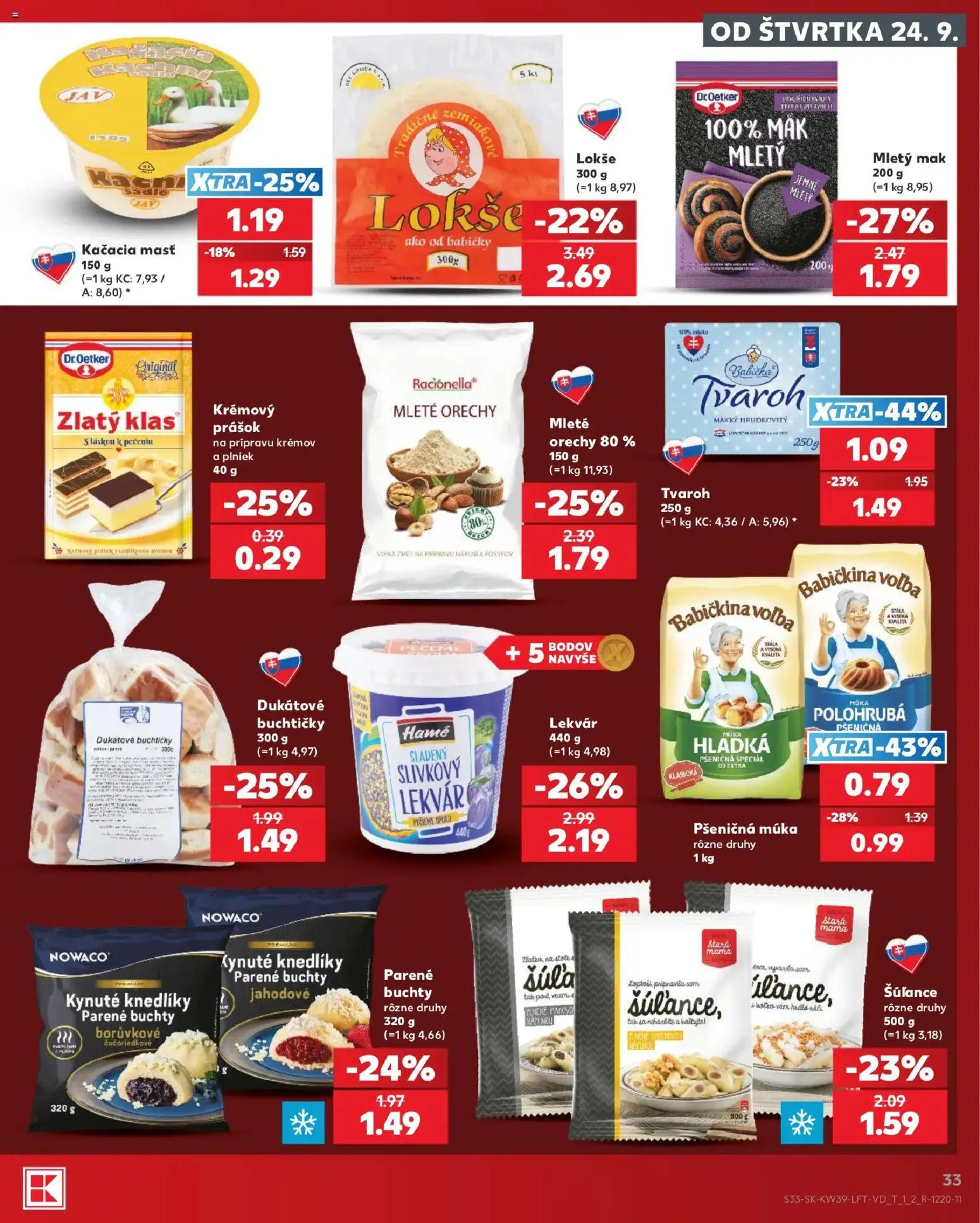 Nové Kaufland akcie – leták je platný od 24.09.2026 | Strana: 33 | Produkty: Sadlo, Pšeničná múka, Lekvár, Tvaroh