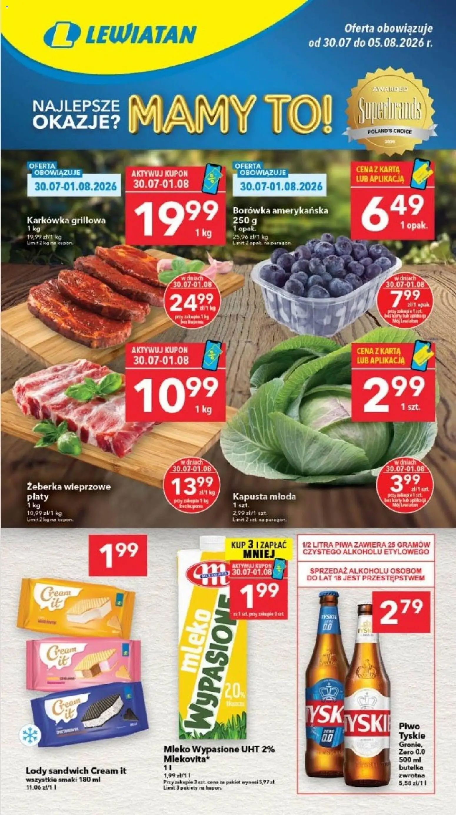 Lewiatan gazetka - Szczecin od 30.07.2026 | Strona: 1 | Produkty: Kapusta, Karta, Borówka amerykańska, Tyskie