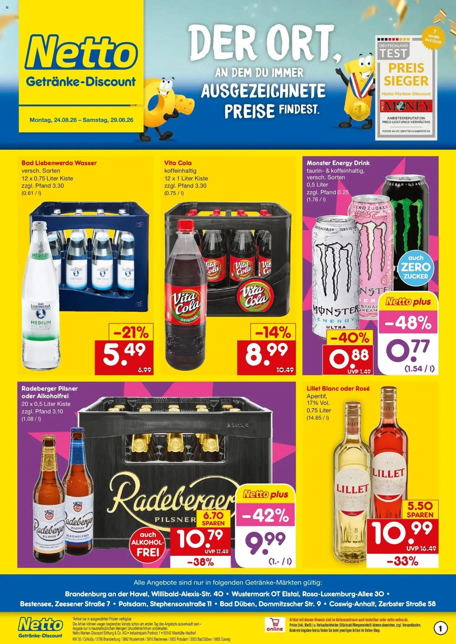 Netto Marken-Discount Prospekt Zeesen – gültig ab 24.08.2026 | Seite: 1 | Produkte: Monster, Wasser, Alkohol, Zucker