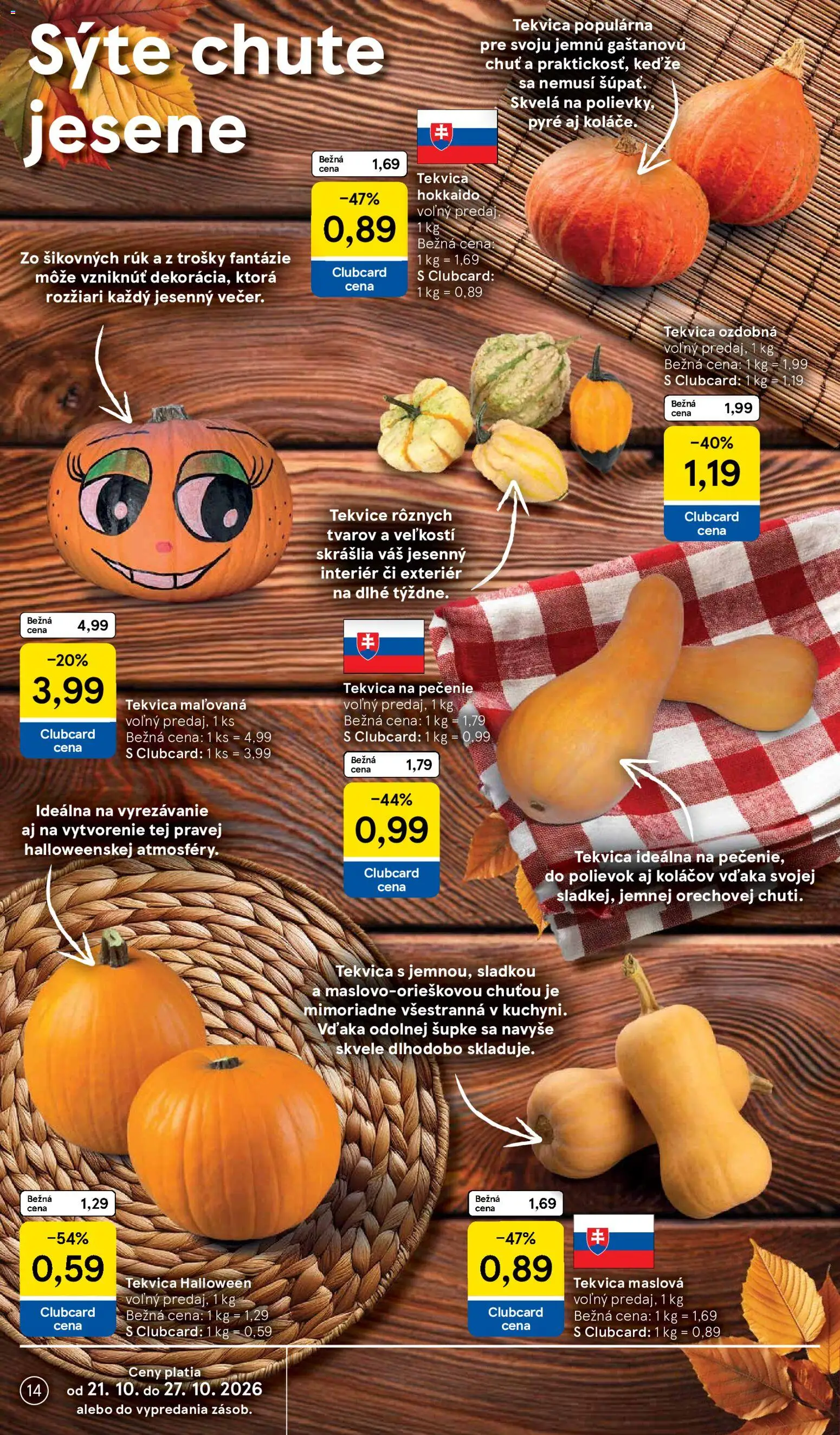 Nové Tesco akcie – leták je platný od 21.10.2026 | Strana: 14 | Produkty: Tekvica Hokkaido, Maslová tekvica, Tekvica