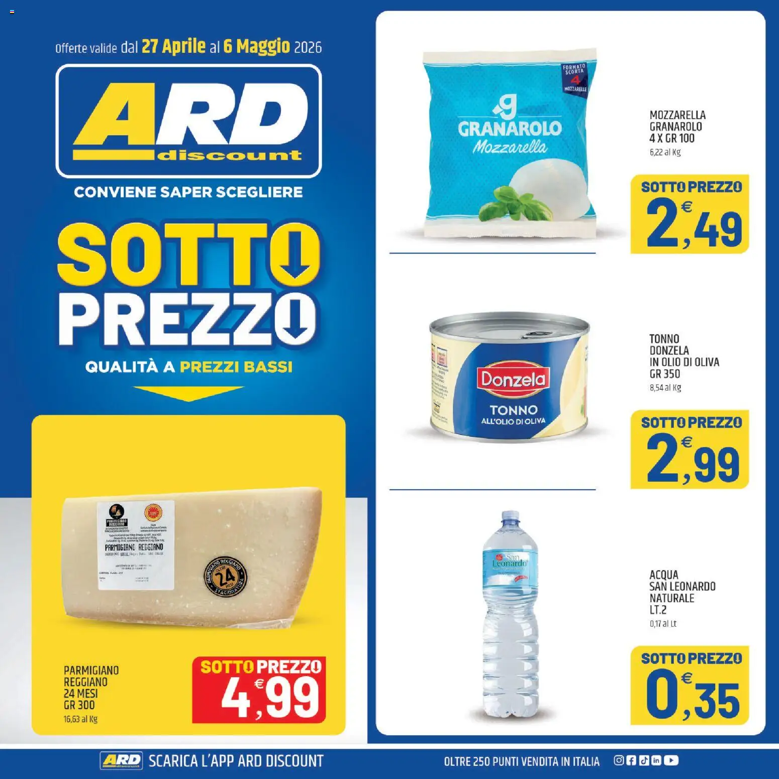 Volantino ARD Discount del 27.04.2026 | Pagina: 1 | Prodotti: Mozzarella, Olio, Tonno, Parmigiano