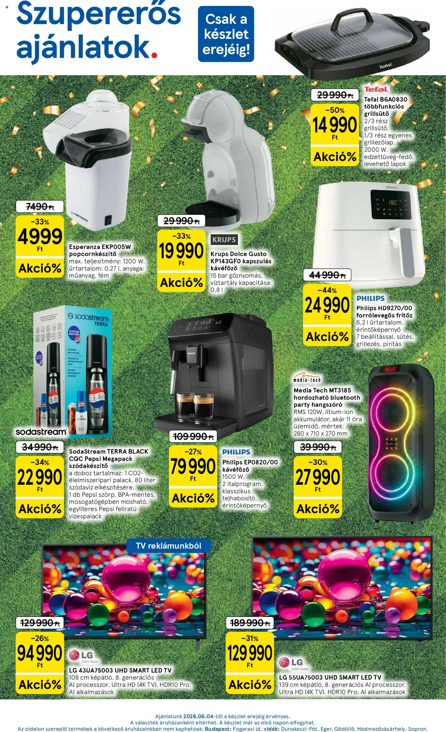 Tesco akciós ujság - amely érvényes a következő dátumtól: 04.06.2026 | Oldal: 13 | Termékek: Grillsütő, Pepsi, TV, Doboz