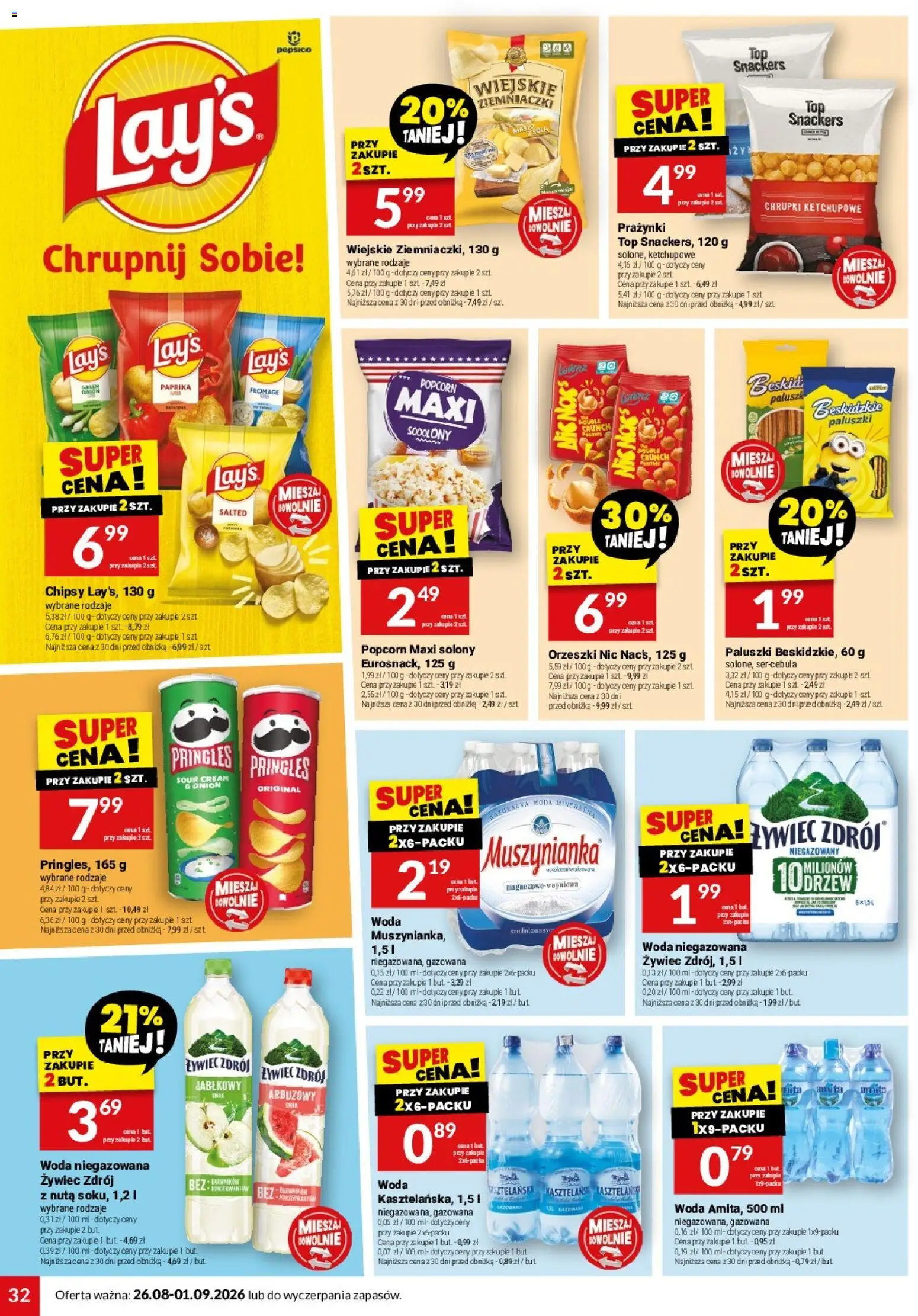Twój Market gazetka od 26.08.2026 | Strona: 32 | Produkty: Top, Chipsy, Paluszki, Woda niegazowana