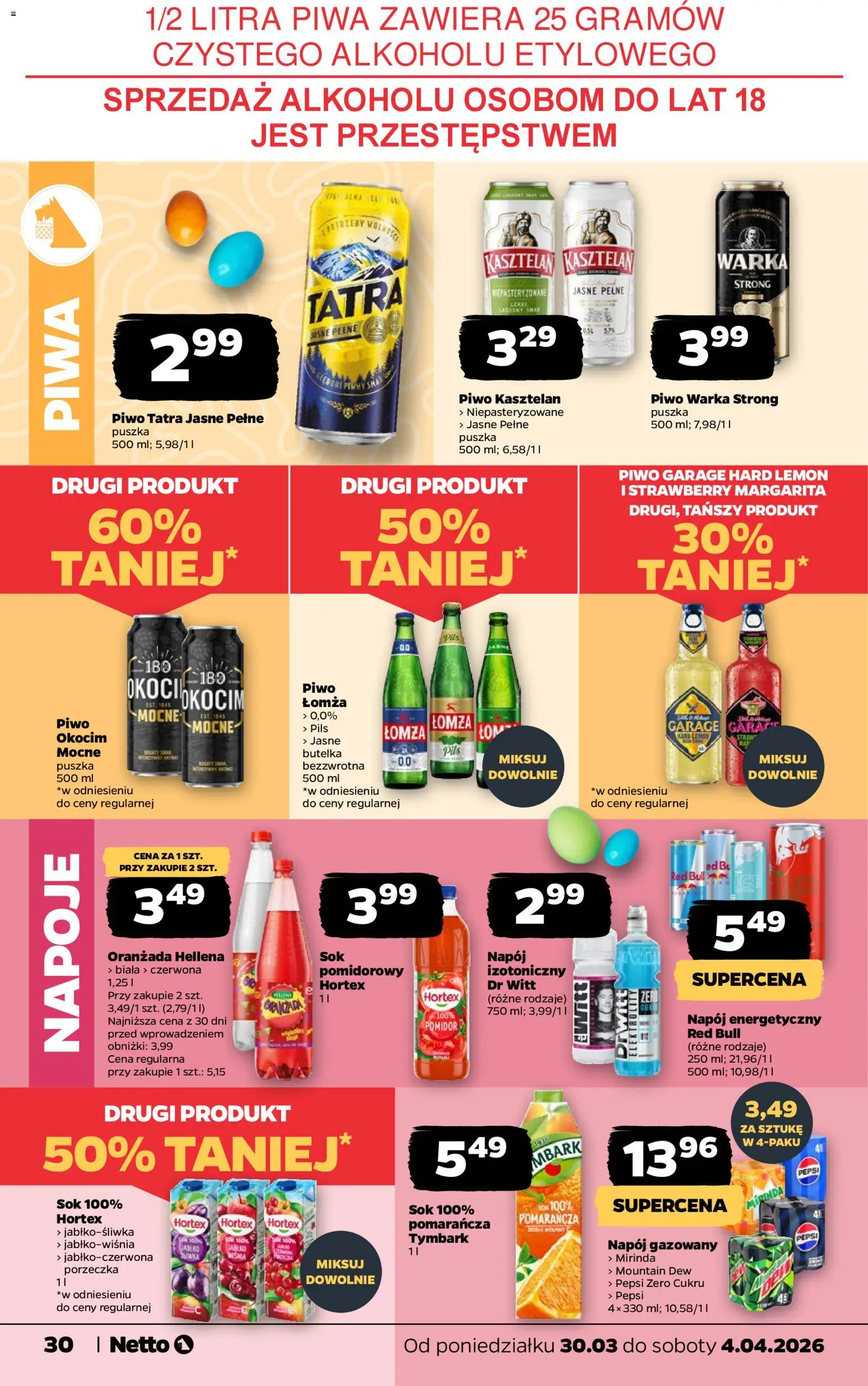 Netto gazetka od poniedziałku spożywcza od 30.03.2026 | Strona: 30 | Produkty: Pepsi, Porzeczka, Sok, Piwo