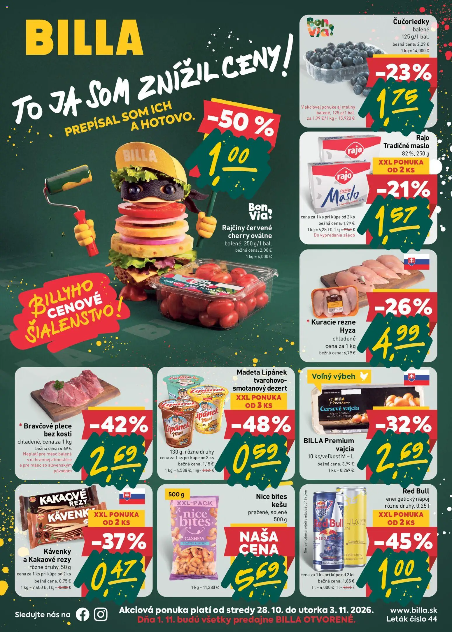 Nové Billa akcie – leták je platný od 28.10.2026 | Strana: 1 | Produkty: Vajcia, Dezert, Maliny, Energetický nápoj