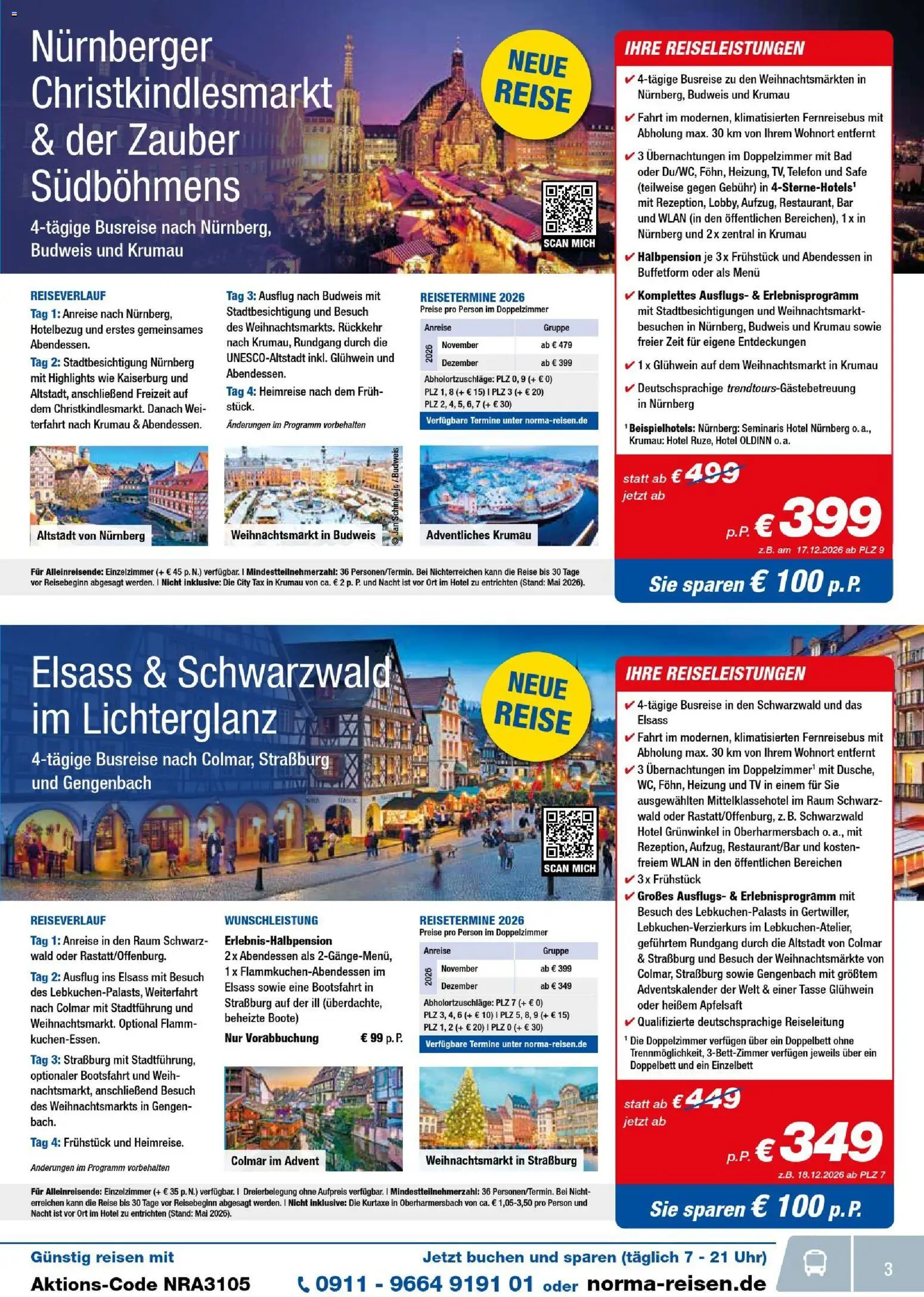 Norma Reisen – gültig ab 01.05.2026 | Seite: 3 | Produkte: Doppelbett, Apfelsaft, Telefon, TV