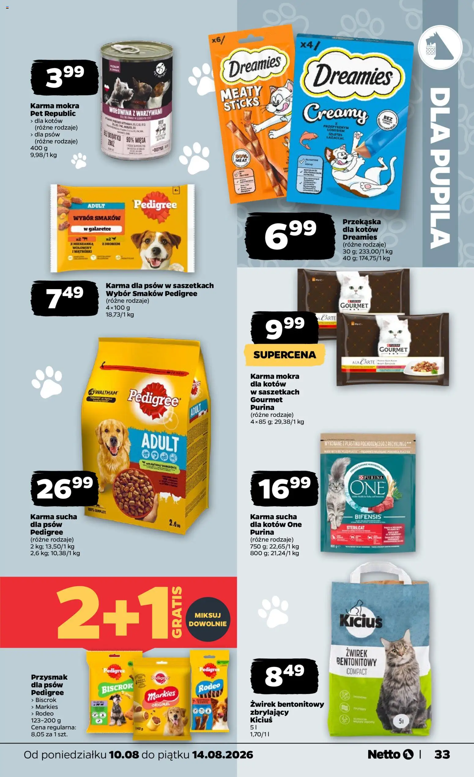 Netto gazetka od poniedziałku od 10.08.2026 | Strona: 33 | Produkty: Purina one, Pedigree, Karma mokra, Wołowina