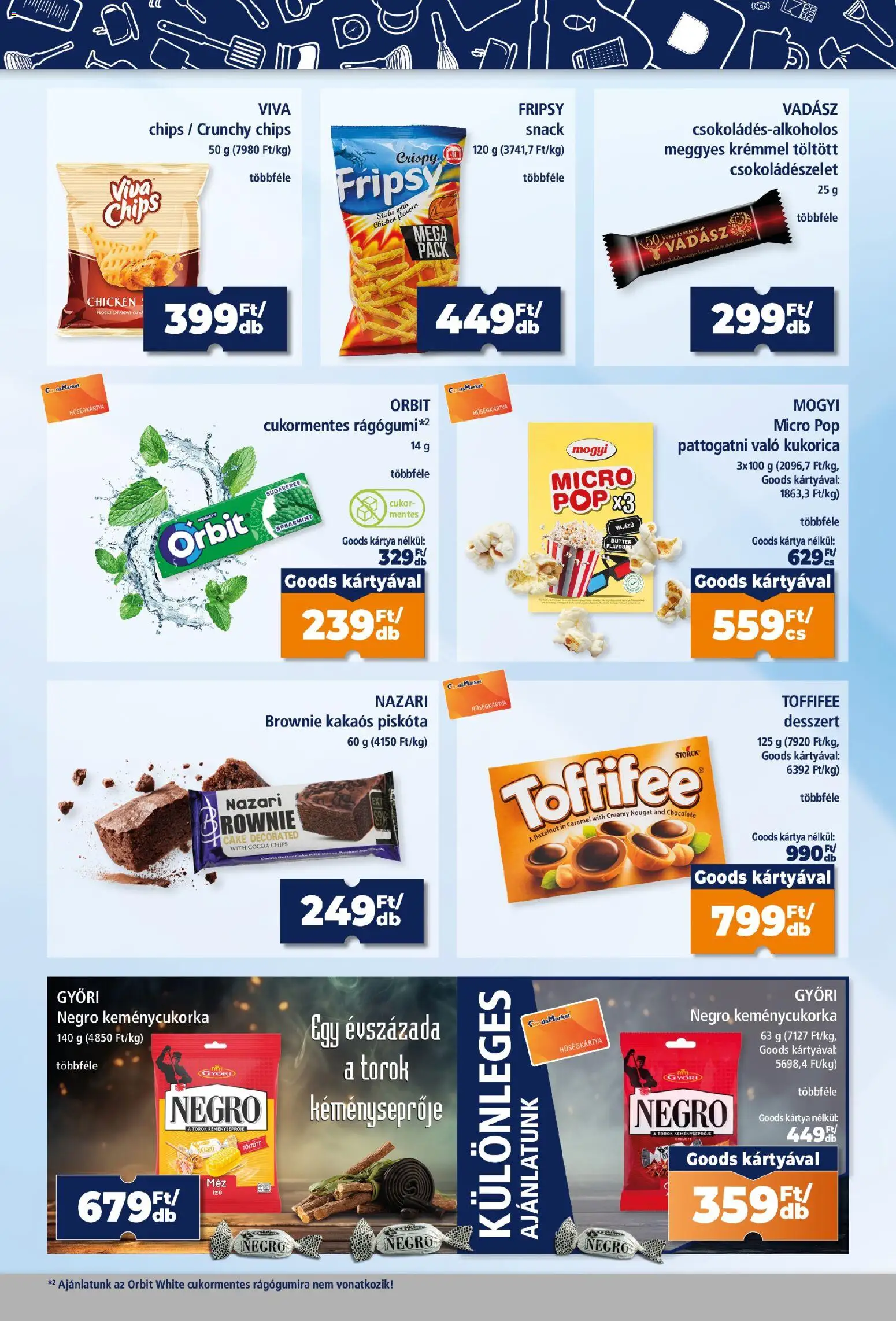 Goods Market akciós ujság - amely érvényes a következő dátumtól: 2026.10.22. | Oldal: 9 | Termékek: Chips, Csokoládészelet, Brownie, Pattogatni való kukorica