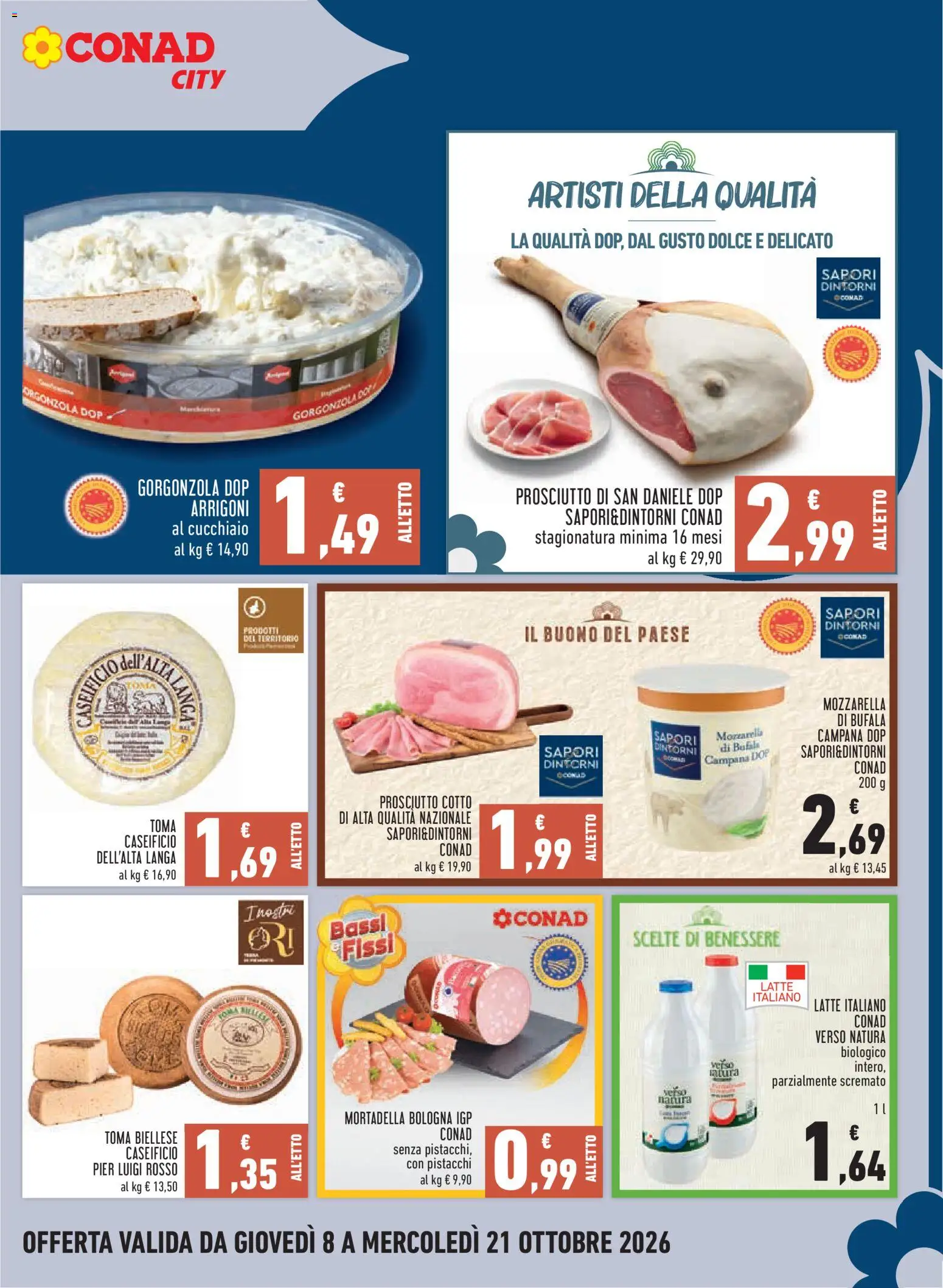 Volantino Conad del 08/10/2026 | Pagina: 7 | Prodotti: Mozzarella, Latte, Mozzarella di bufala, Mortadella