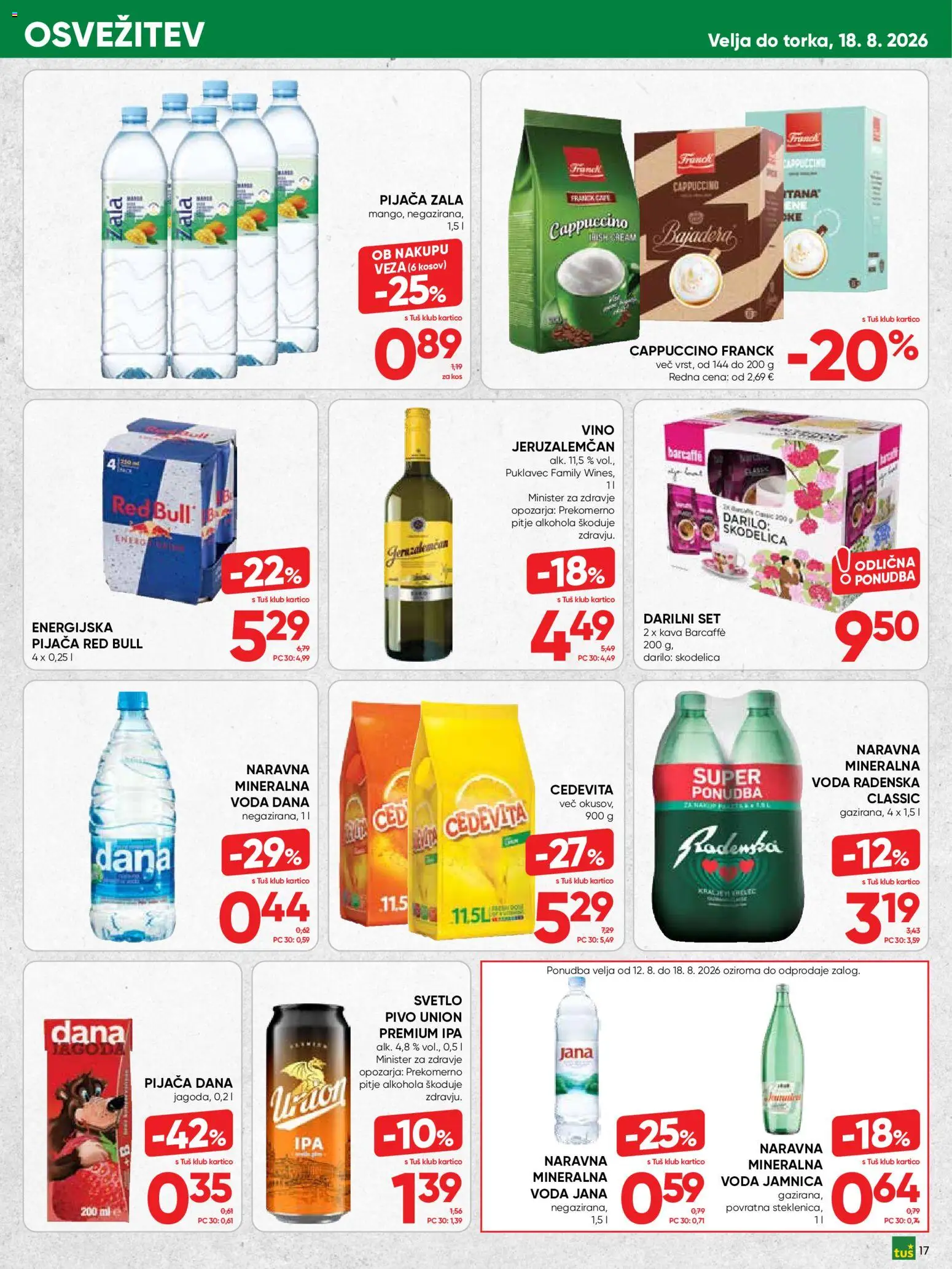 Novi Tuš katalog ponudbe – veljaven od 05.08.2026 | Stran: 17 | Izdelki: Skodelica, Kos, Vino, Voda