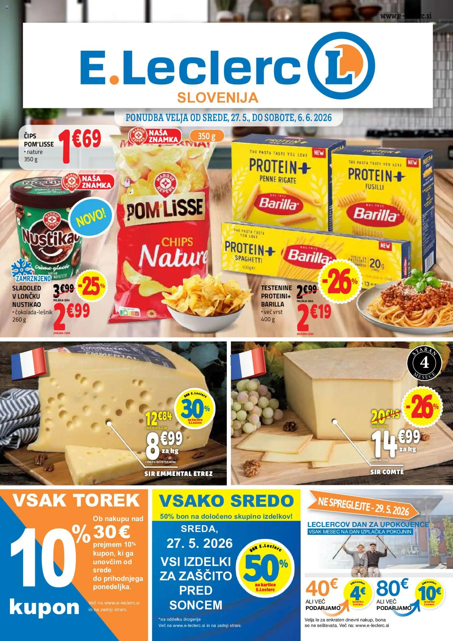 Novi E.leclerc katalog ponudbe – veljaven od 27.05.2026 | Stran: 1 | Izdelki: Sir, Testenine, Cips, Sladoled