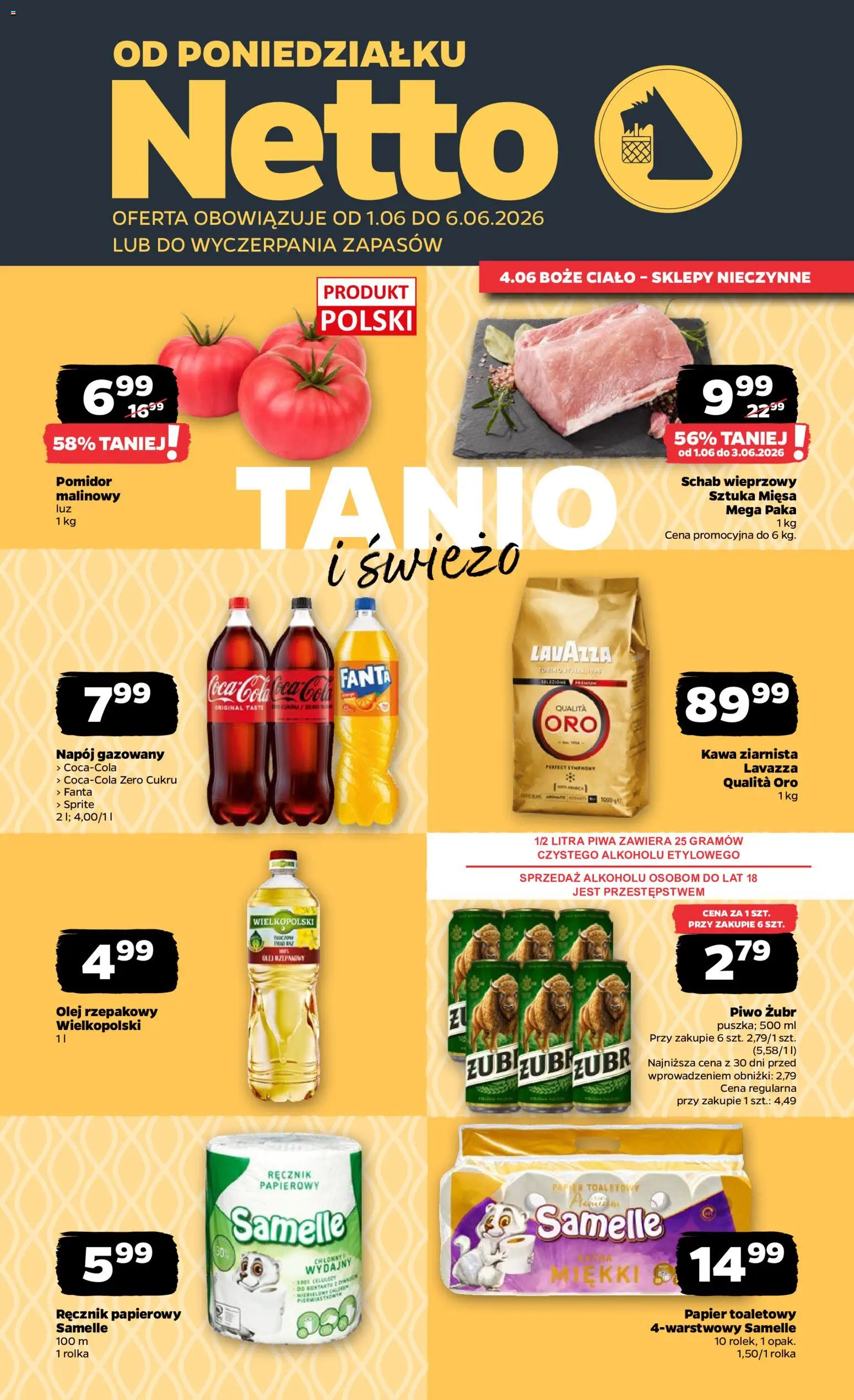 Netto gazetka od poniedziałku spożywcza od 01.06.2026 | Strona: 1 | Produkty: Olej rzepakowy, Papier toaletowy, Piwo, Ręcznik papierowy
