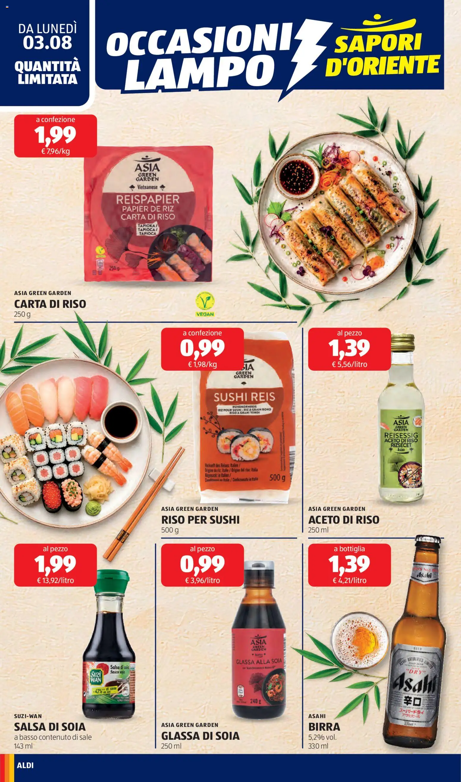 Volantino Aldi del 03/08/2026 | Pagina: 18 | Prodotti: Riso, Salsa, Sushi, Bottiglia