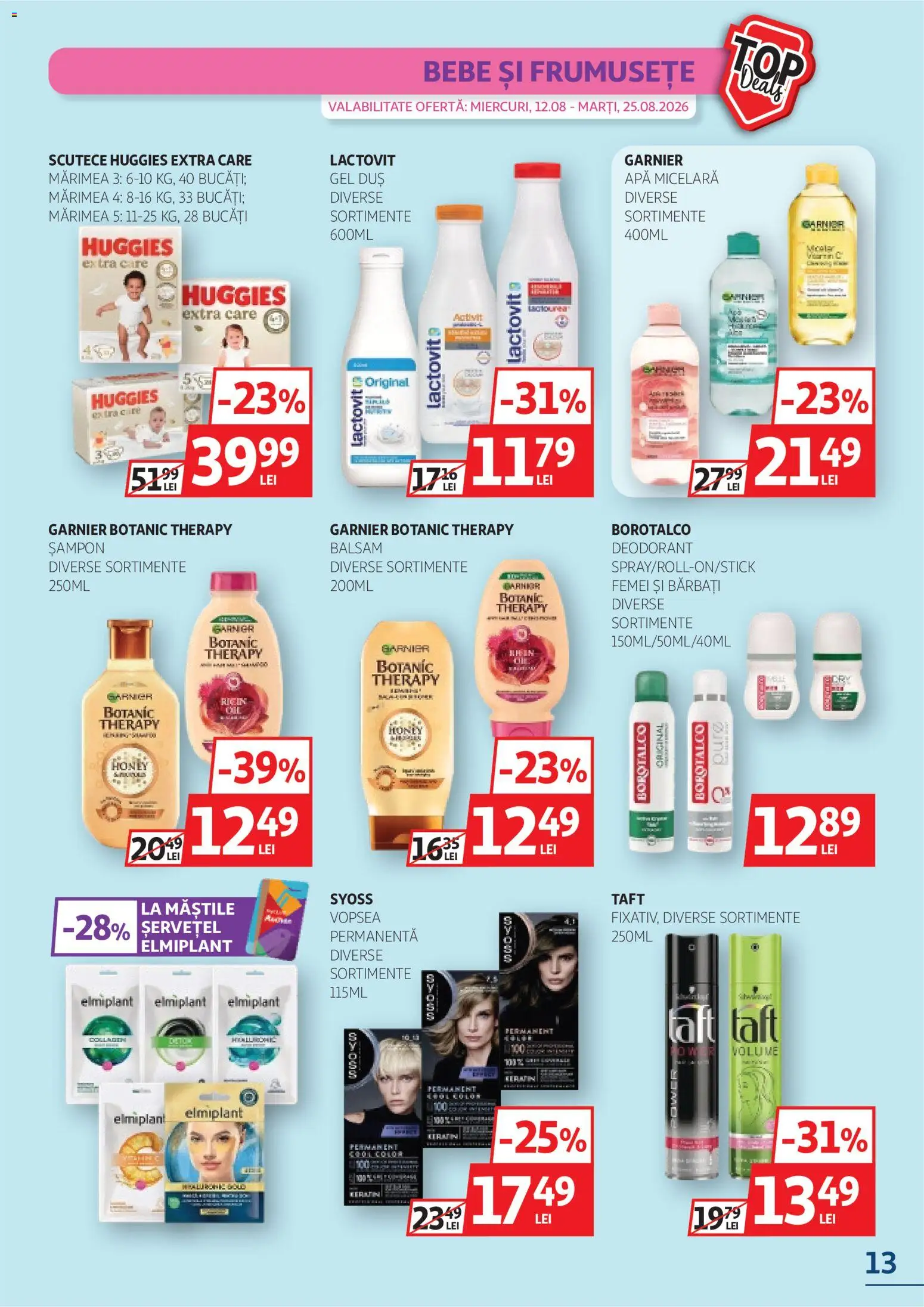 Noul catalog Auchan – valabil de la 12.08.2026 | Pagină: 13 | Produse: Vopsea, Șampon, Sampon balsam, Apă