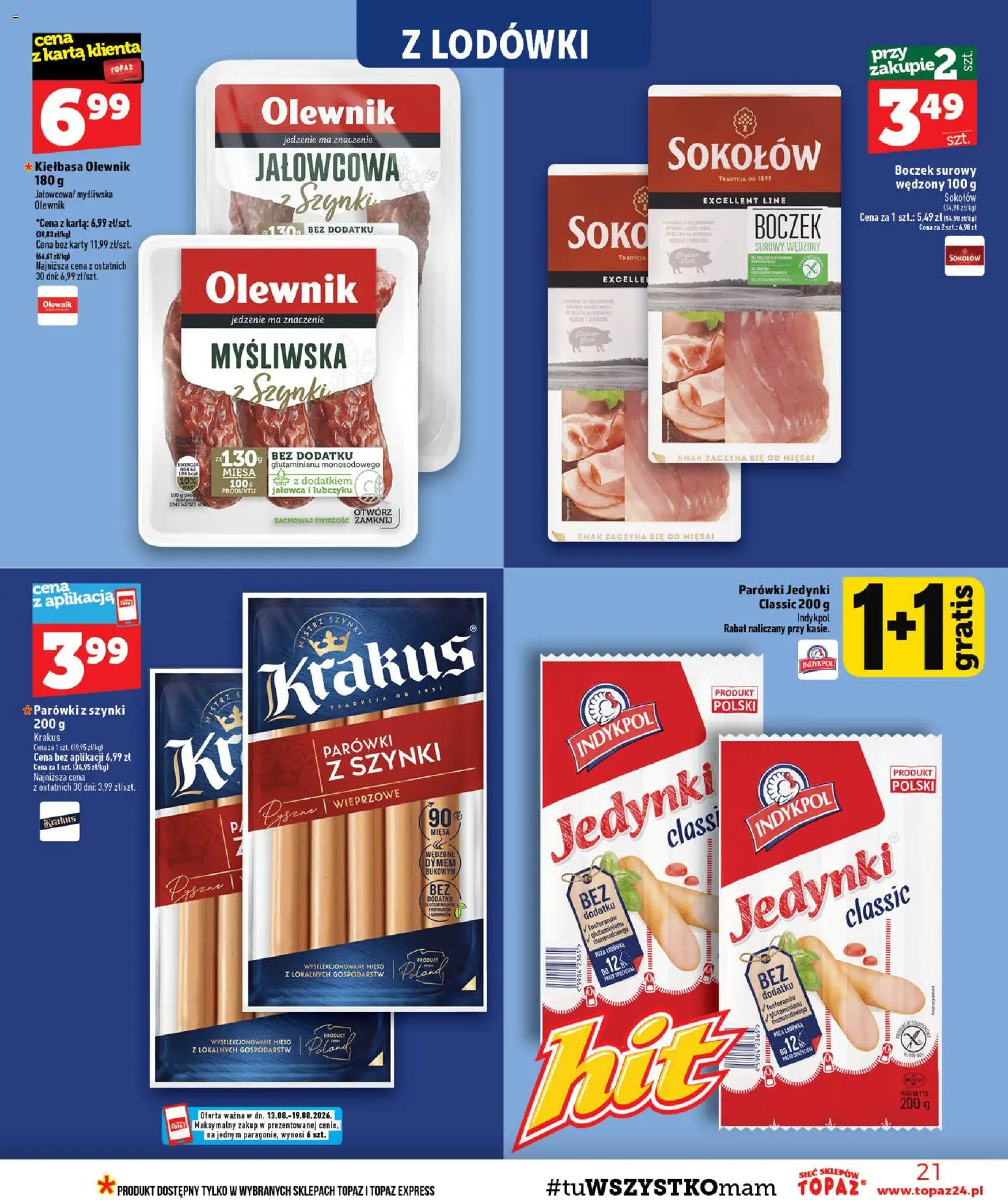 Topaz gazetka - MAZ od 13.08.2026 | Strona: 21 | Produkty: Karta, Parówki z szynki, Lodówki, Boczek surowy