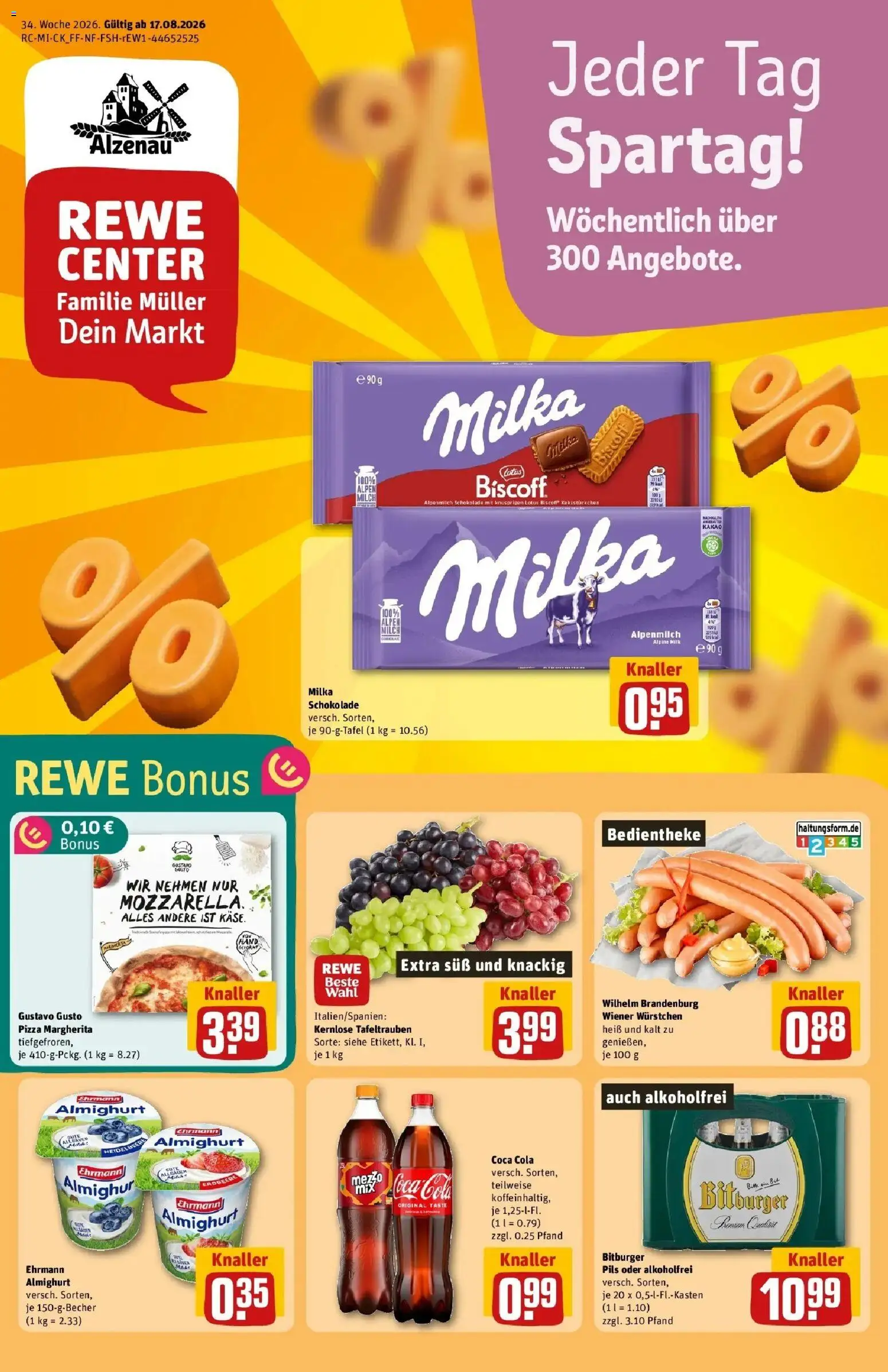 REWE Prospekt ab 17.08.2026 zum Blättern » Angebote | Seite: 1 | Produkte: Wiener wurstchen, Coca cola, Milch, Schokolade