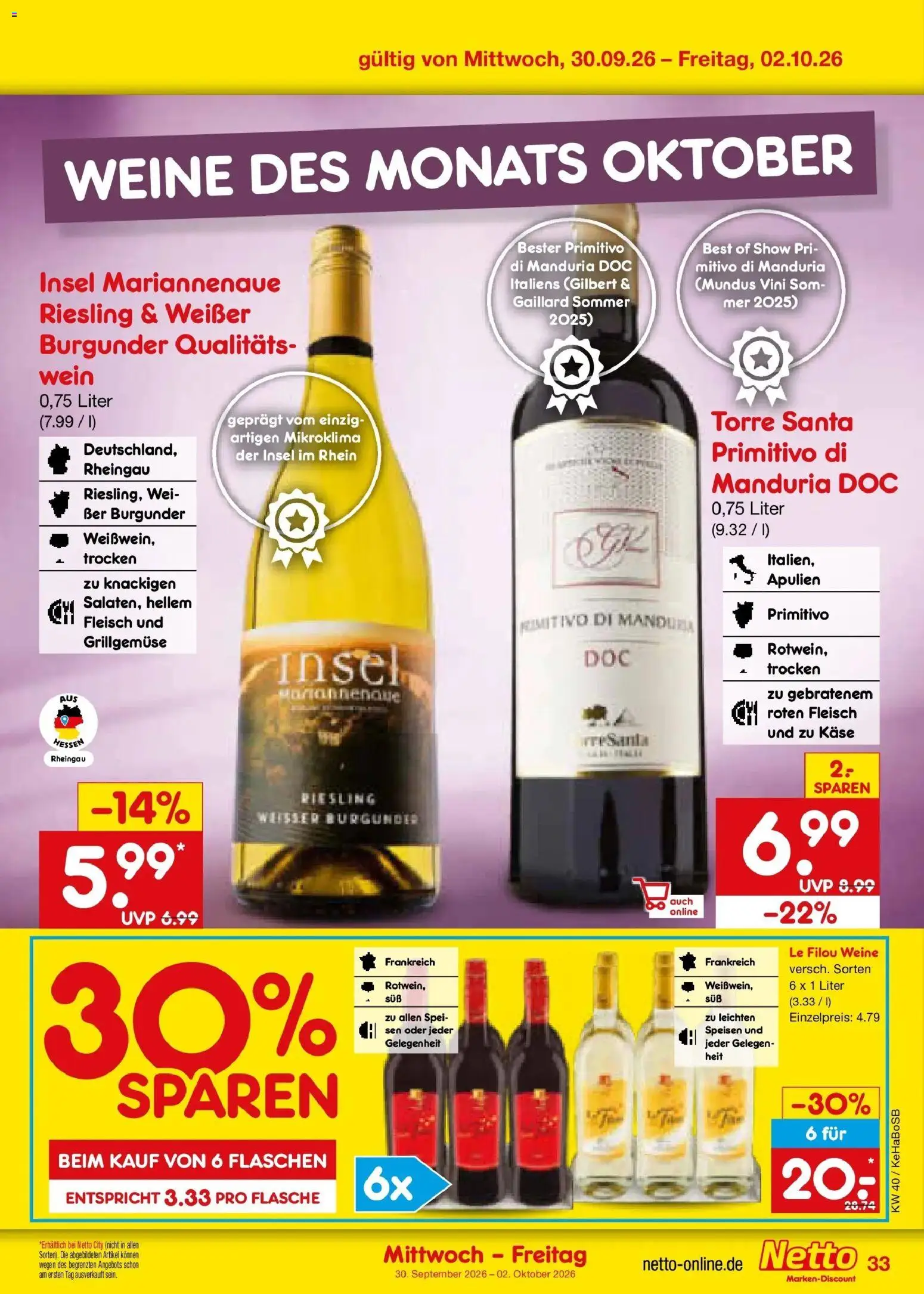 Netto Marken-Discount Prospekt Unna – gültig ab 28.09.2026 | Seite: 51 | Produkte: Le filou, Käse, Wasser, Wein