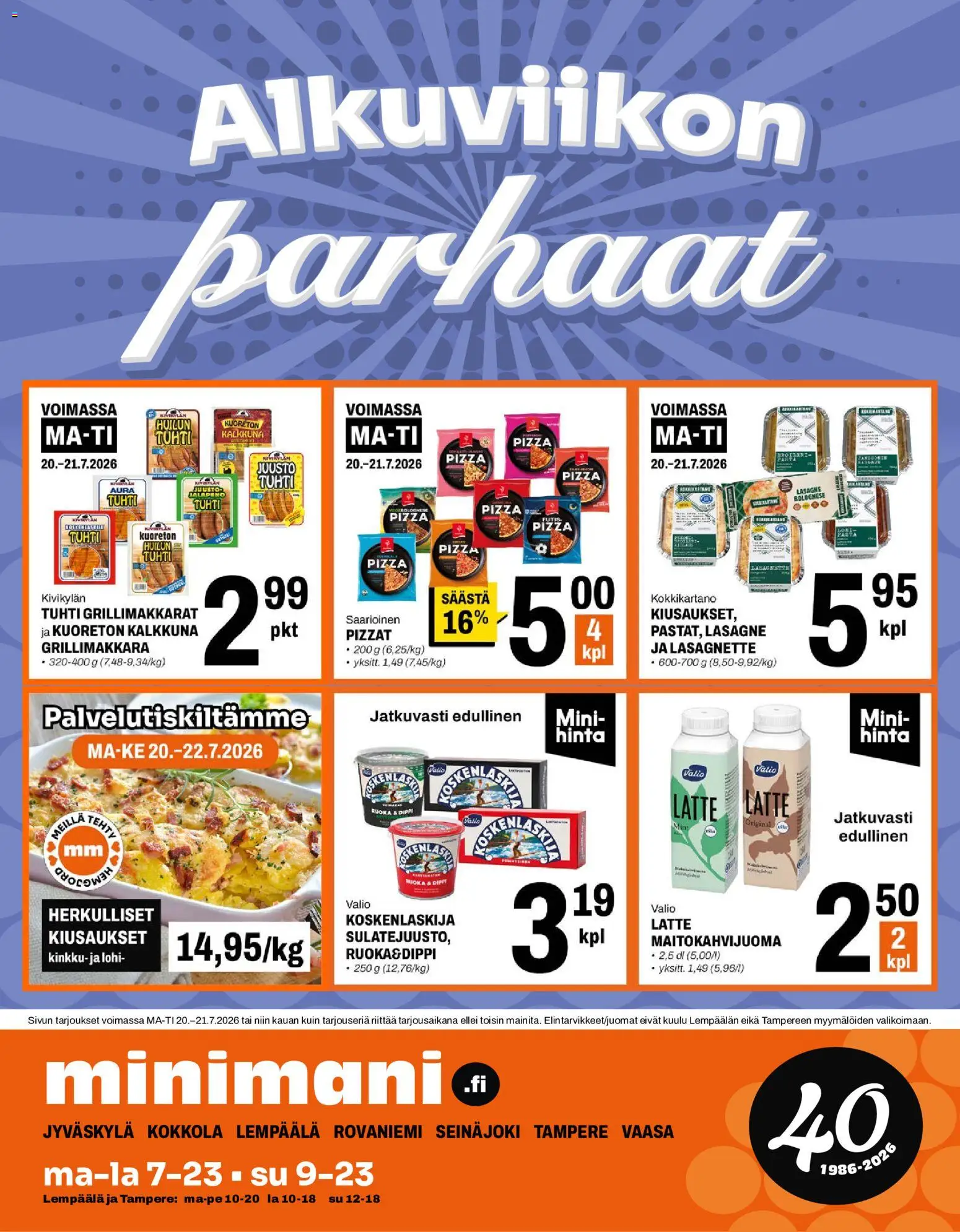 Minimani tarjoukset – voimassa 20/07/2026 alkaen | Sivu: 1 | Tuotteet: Lohi, Juusto, Grillimakkara, Pasta