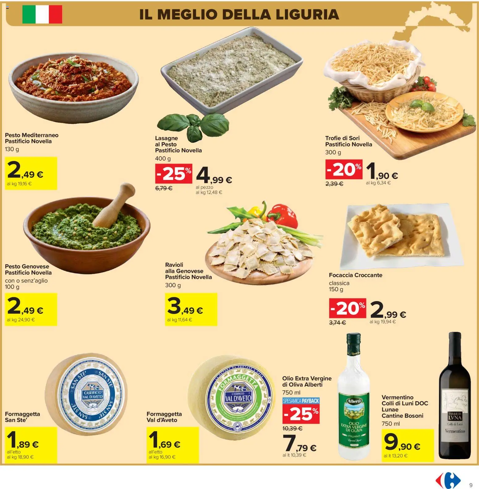Volantino Carrefour del 07.04.2026 | Pagina: 9 | Prodotti: Focaccia, Pesto, Ravioli, Olio extra vergine