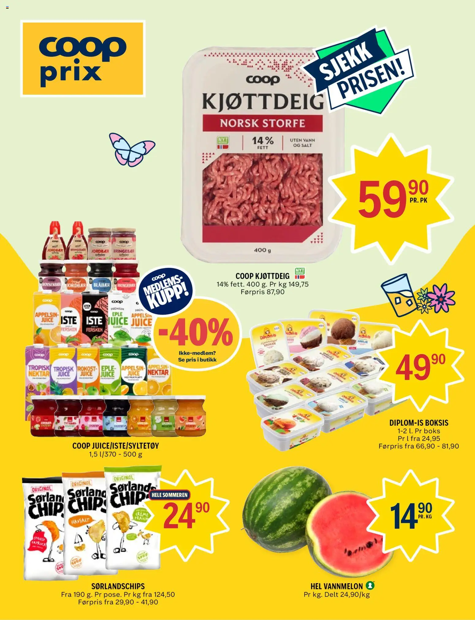 {H1} | Side: 1 | Produkter: Jordbær, Fersken, Kjøttdeig, Salt