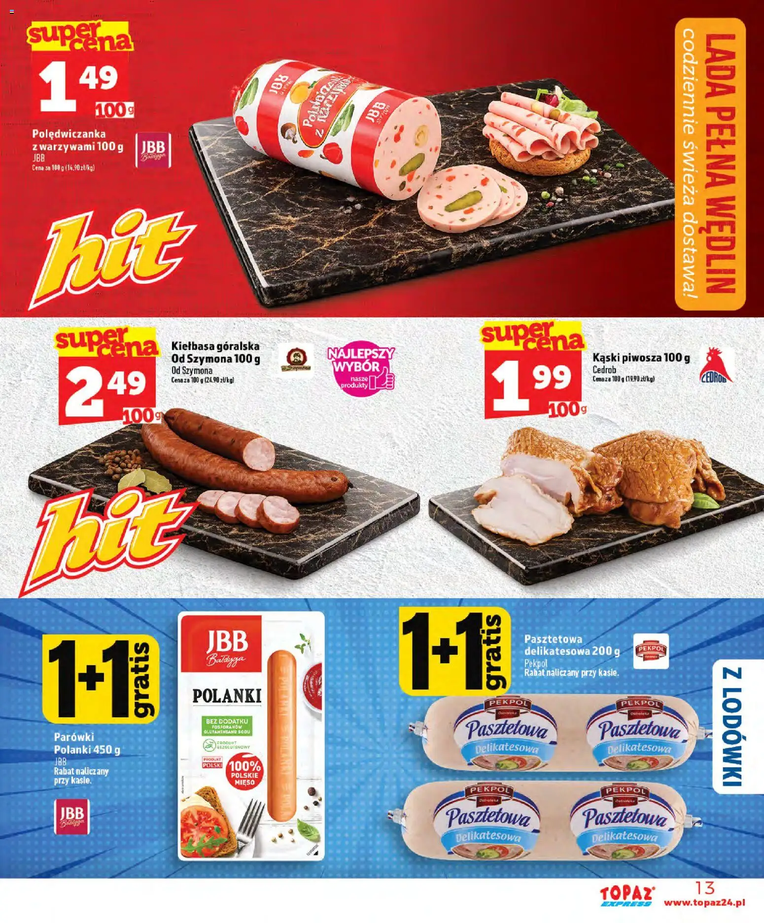 Topaz gazetka - Express od 30.07.2026 | Strona: 13 | Produkty: Kiełbasa, Mięso, Parówki