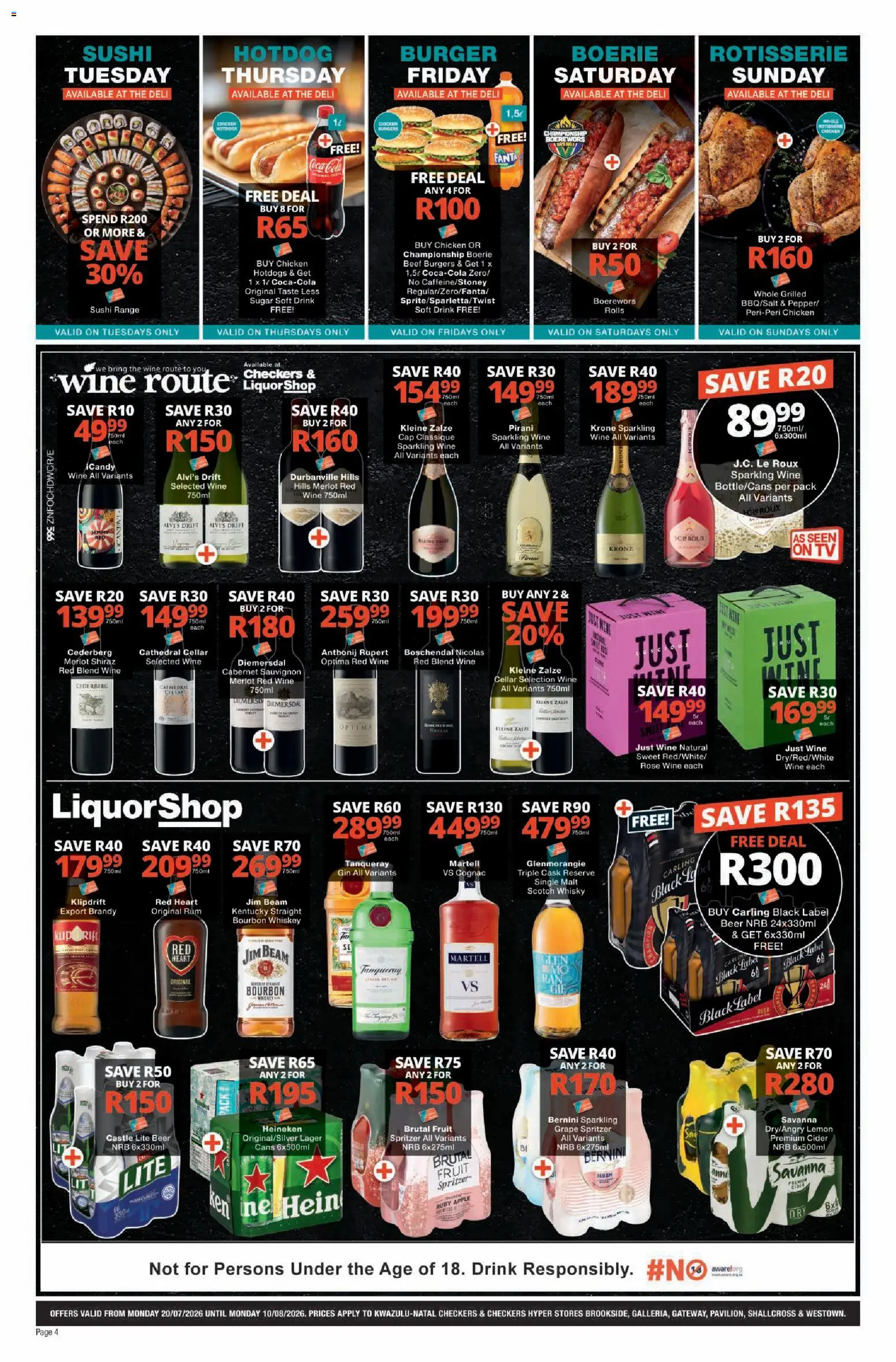 New Checkers catalogue – valid from 20/07/2026 | Page: 4 | Products: Rum, Burgers, Bourbon, Ensalada de quino