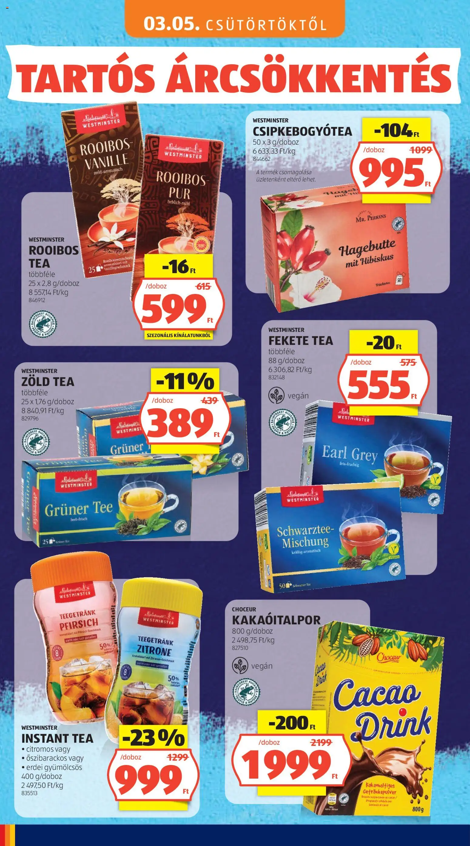 Aldi akciós ujság - amely érvényes a következő dátumtól: 03.05.2026 | Oldal: 18 | Termékek: Rooibos tea, Zöld tea, Tea, Vegán