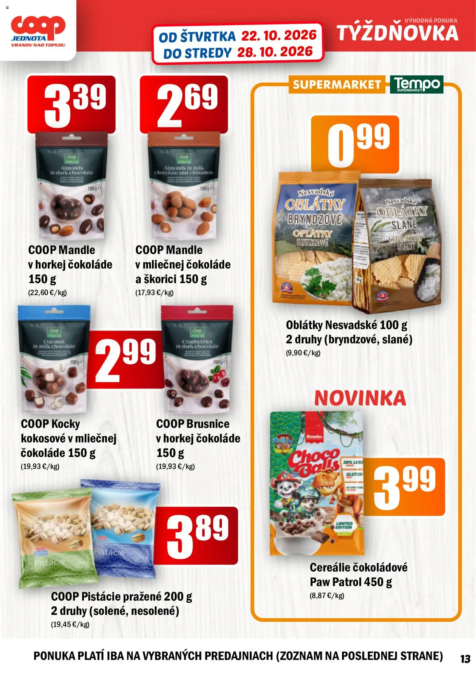 Nové COOP Jednota akcie – leták je platný od 22.10.2026 | Strana: 13 | Produkty: Oblátky, Cereálie, Brusnice, Pistácie