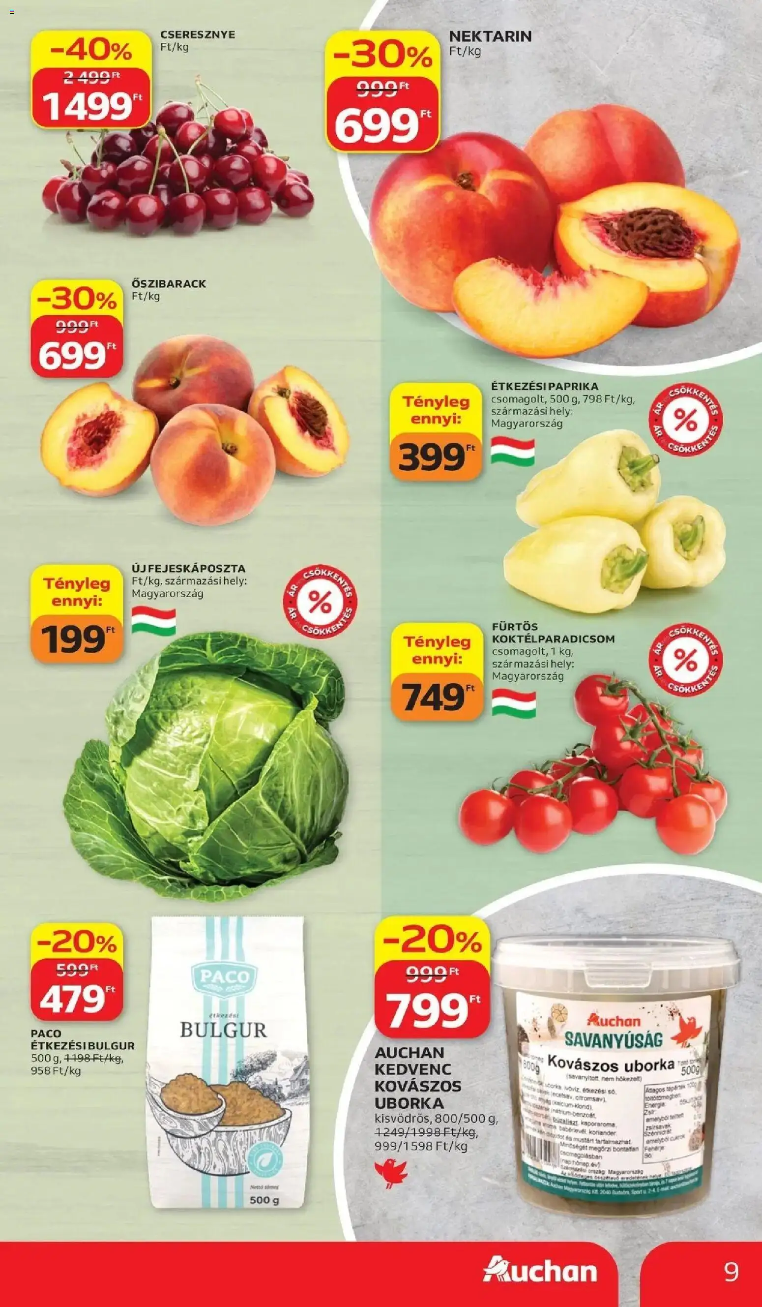 Auchan akciós ujság - amely érvényes a következő dátumtól: 2026.07.02. | Oldal: 9 | Termékek: Őszibarack, Cseresznye, Fehérje, Uborka