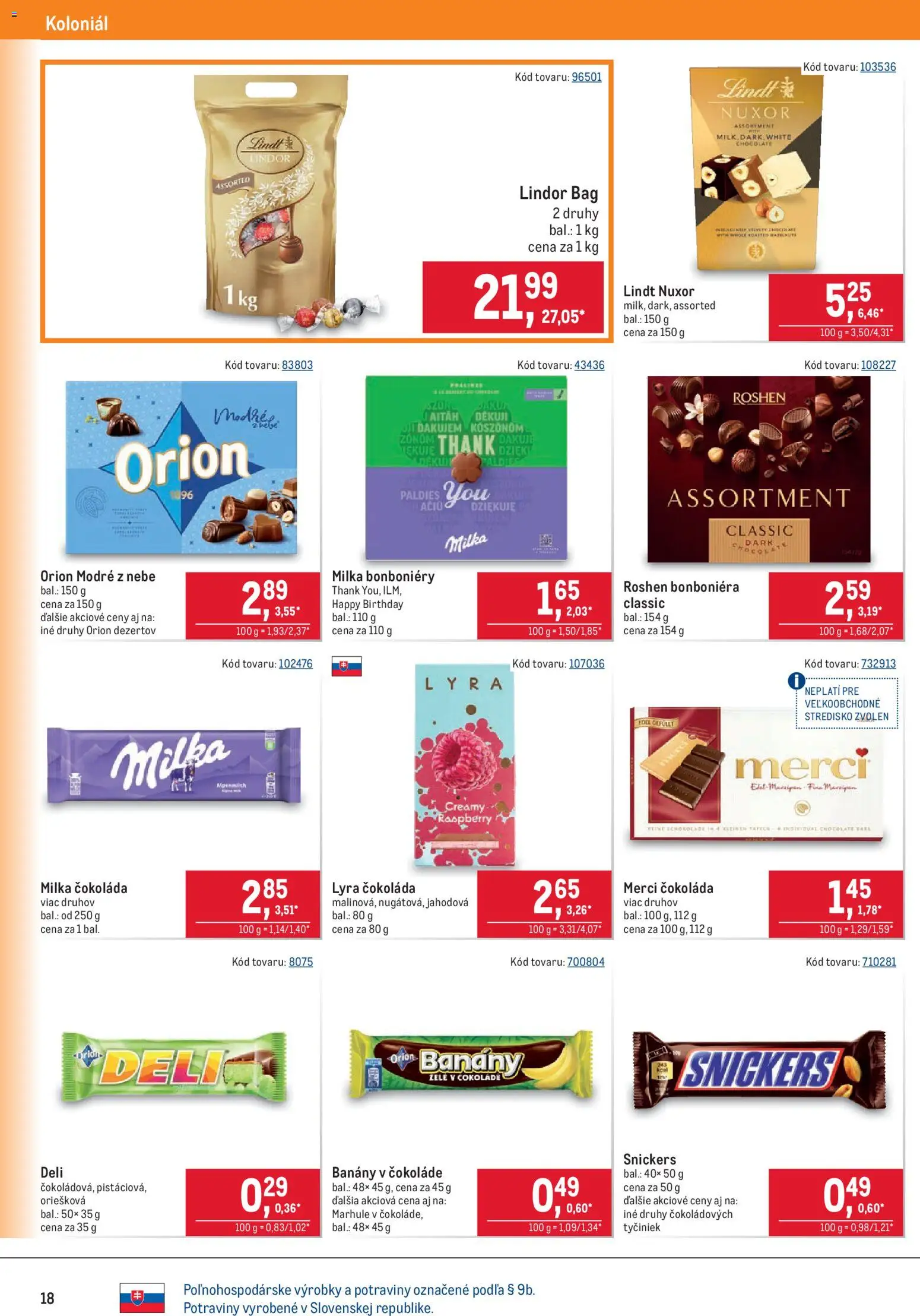 Nové Metro akcie – leták je platný od 01.07.2026 | Strana: 18 | Produkty: Banány v čokoláde, Lindor, Merci, Milka