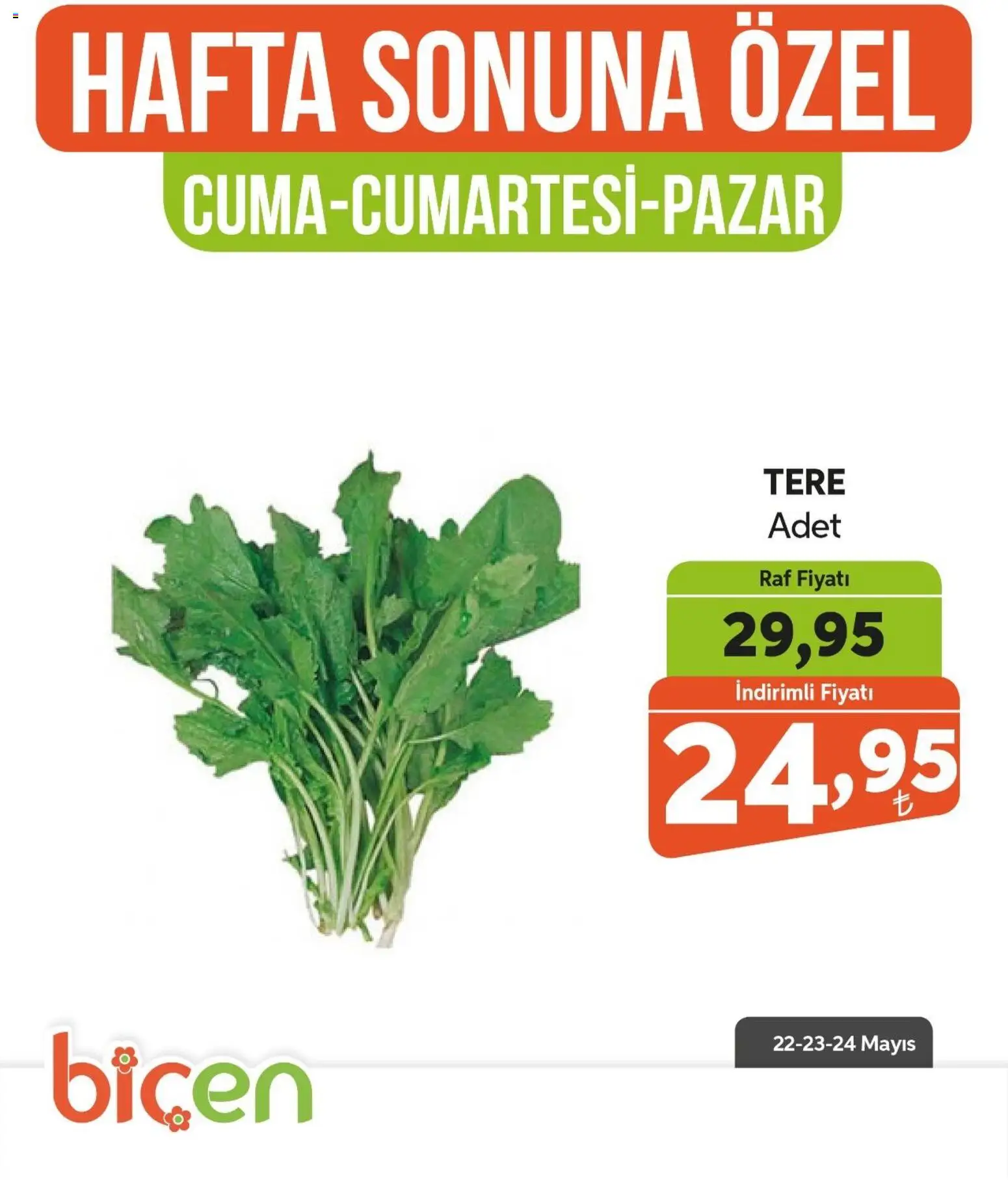 Biçen Market - Hafta Sonuna Özel - Sebze İndirimi - 22.05.2026 tarihinden itibaren geçerlidir | Sayfa: 2 | Ürünler: Raf, Tere