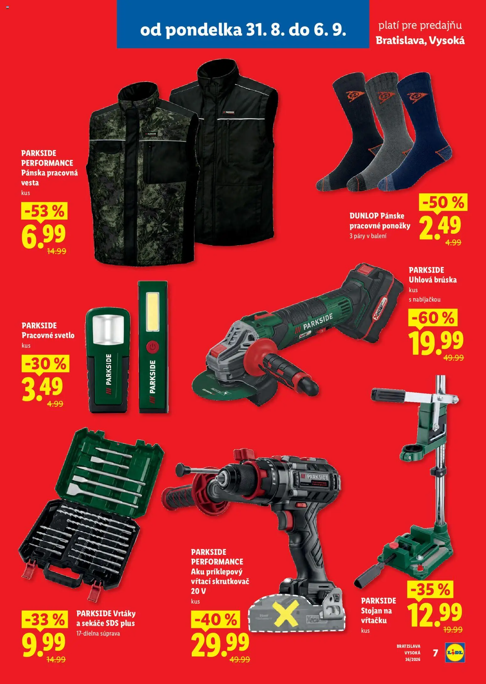 Nové Lidl akcie – leták je platný od 31.08.2026 | Strana: 7 | Produkty: Svetlo, Skrutkovač, Uhlová brúska, Aku