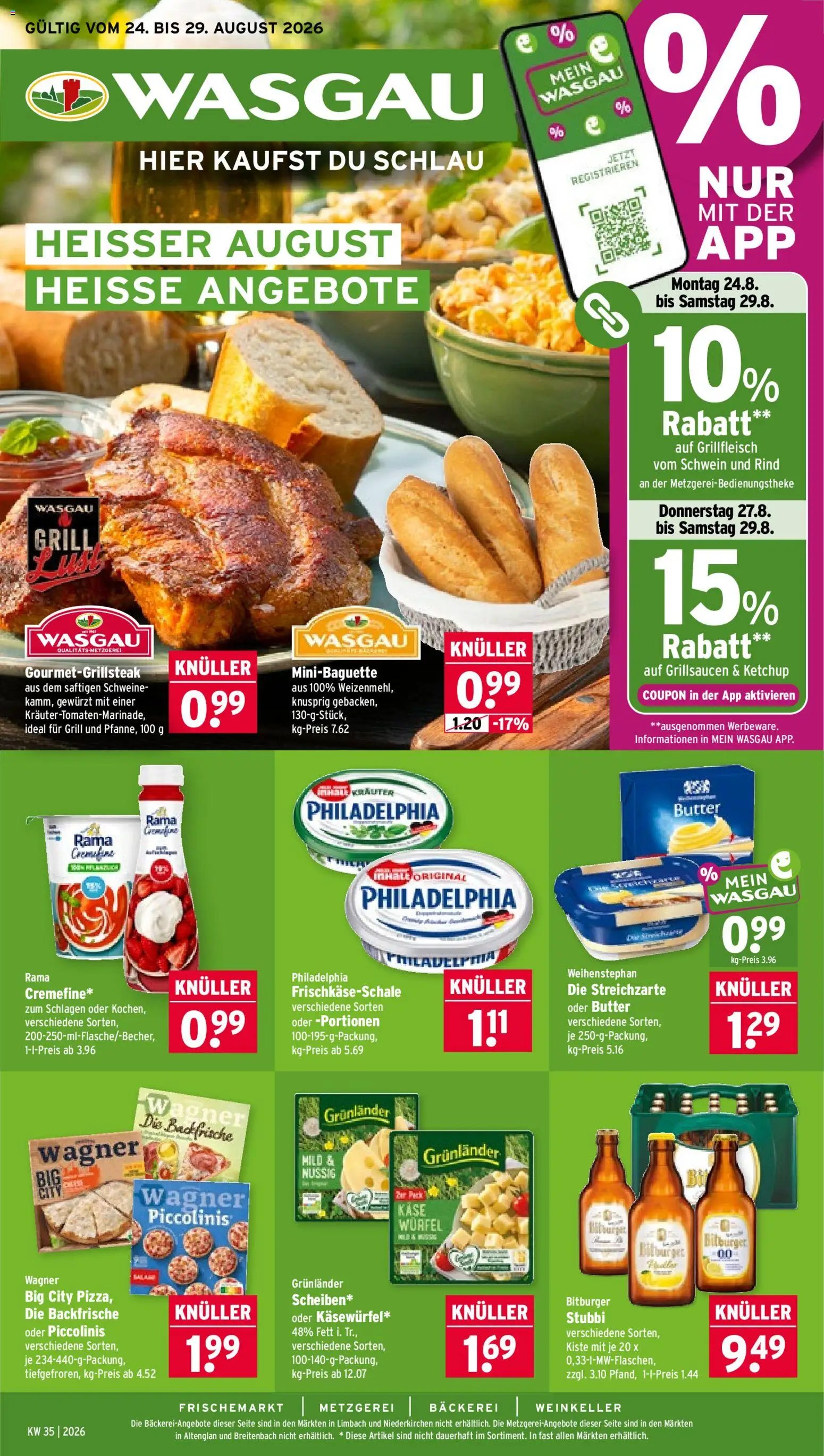 Wasgau Prospekt – gültig ab 24.08.2026 | Seite: 1 | Produkte: Butter, Grillfleisch, Piccolinis, Ketchup
