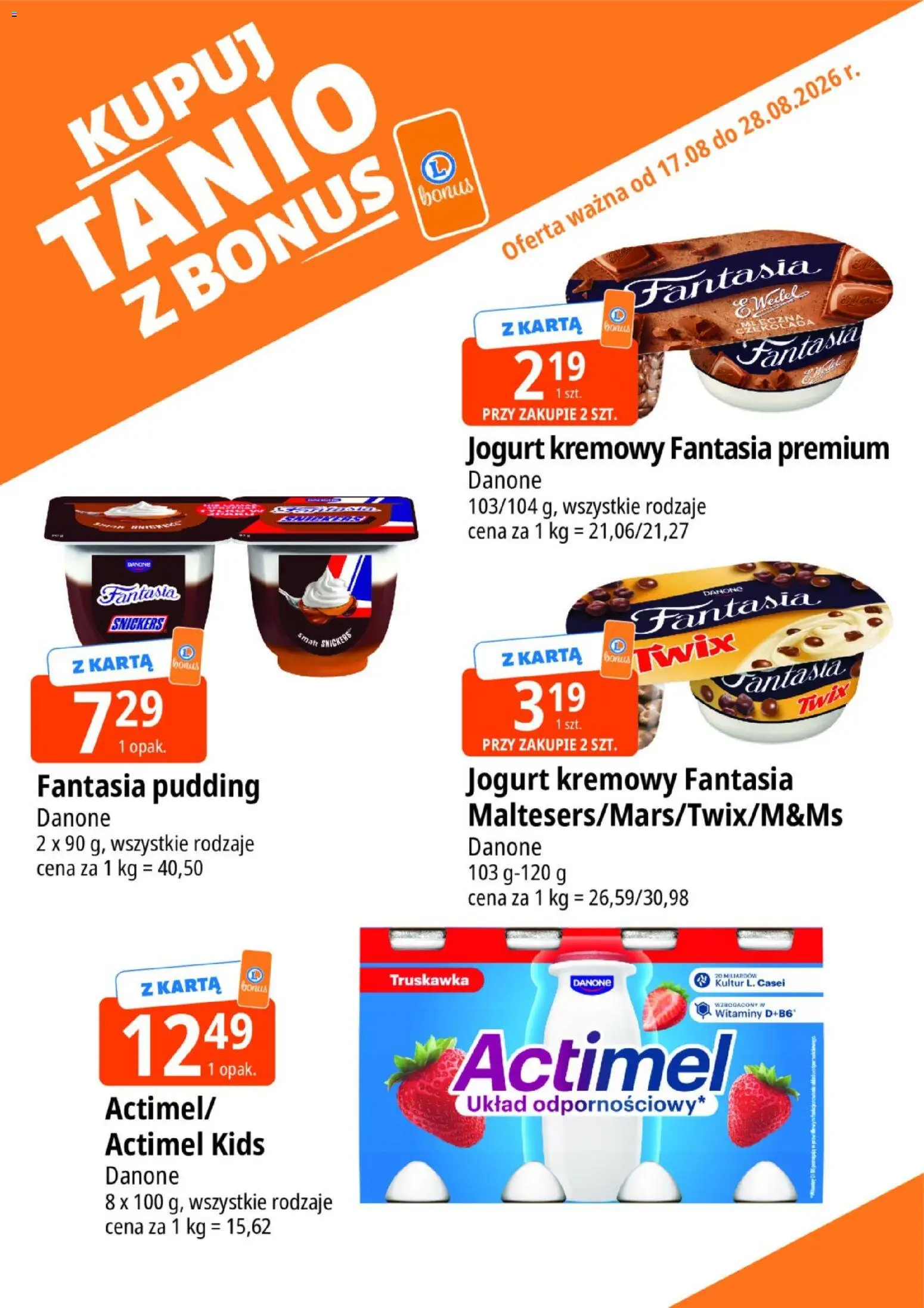 E.Leclerc gazetka - Kupuj Tanio Z Bonus od 17.08.2026 | Strona: 10 | Produkty: Karta, Snickers, Actimel, Jogurt